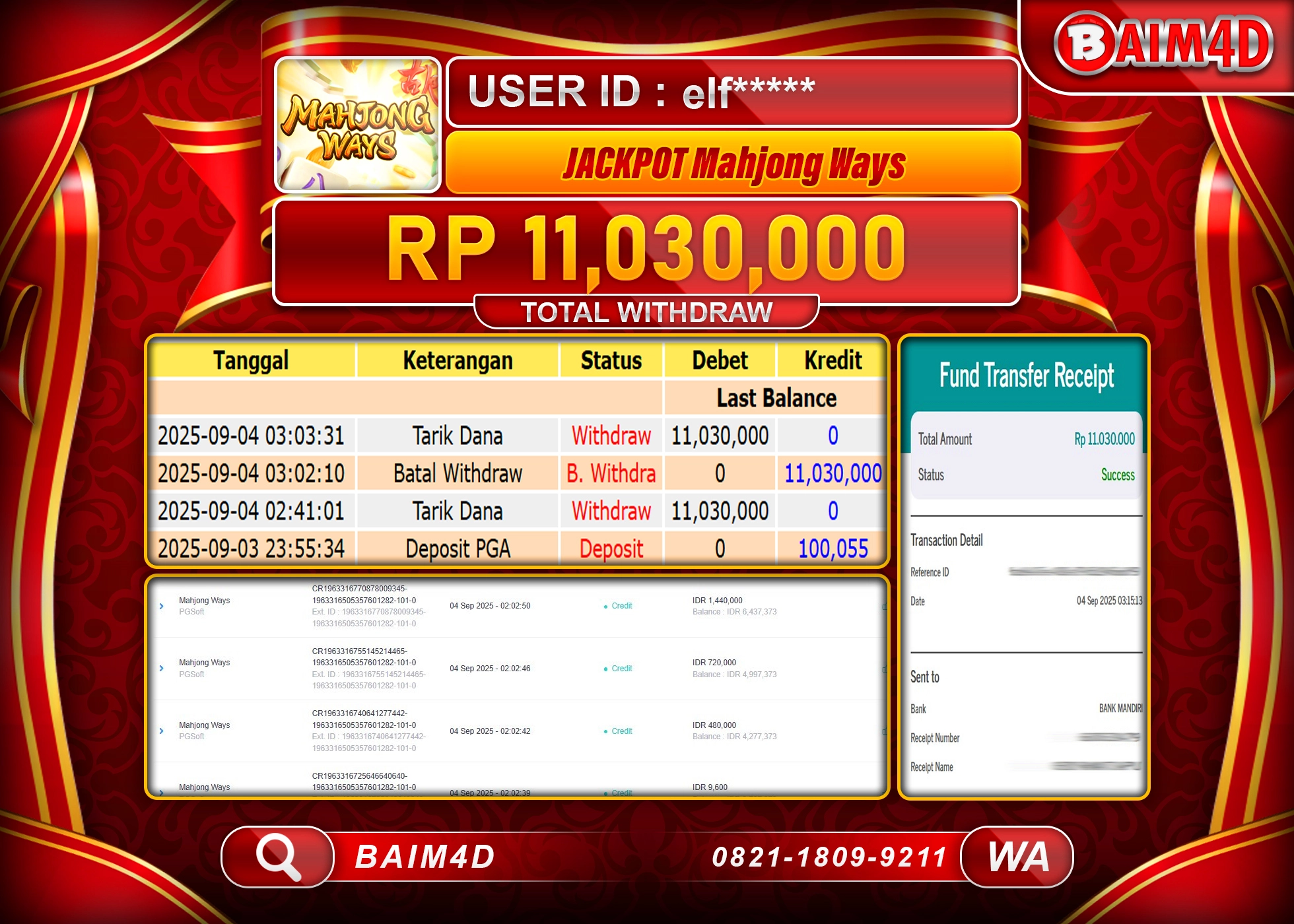 BAIM4D JACKPOT SLOT MAHJONG WAYS PG SOFT Rp.11,030,000.- LUNAS