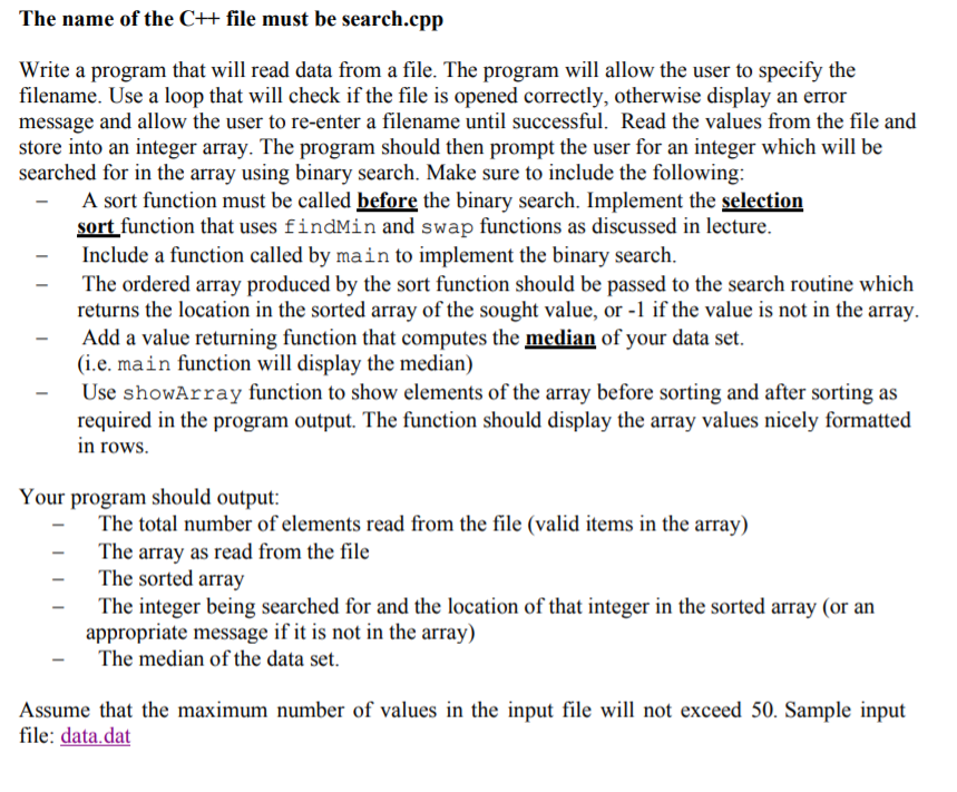 Solved The name of the C++ file must be search.cpp Write a | Chegg.com