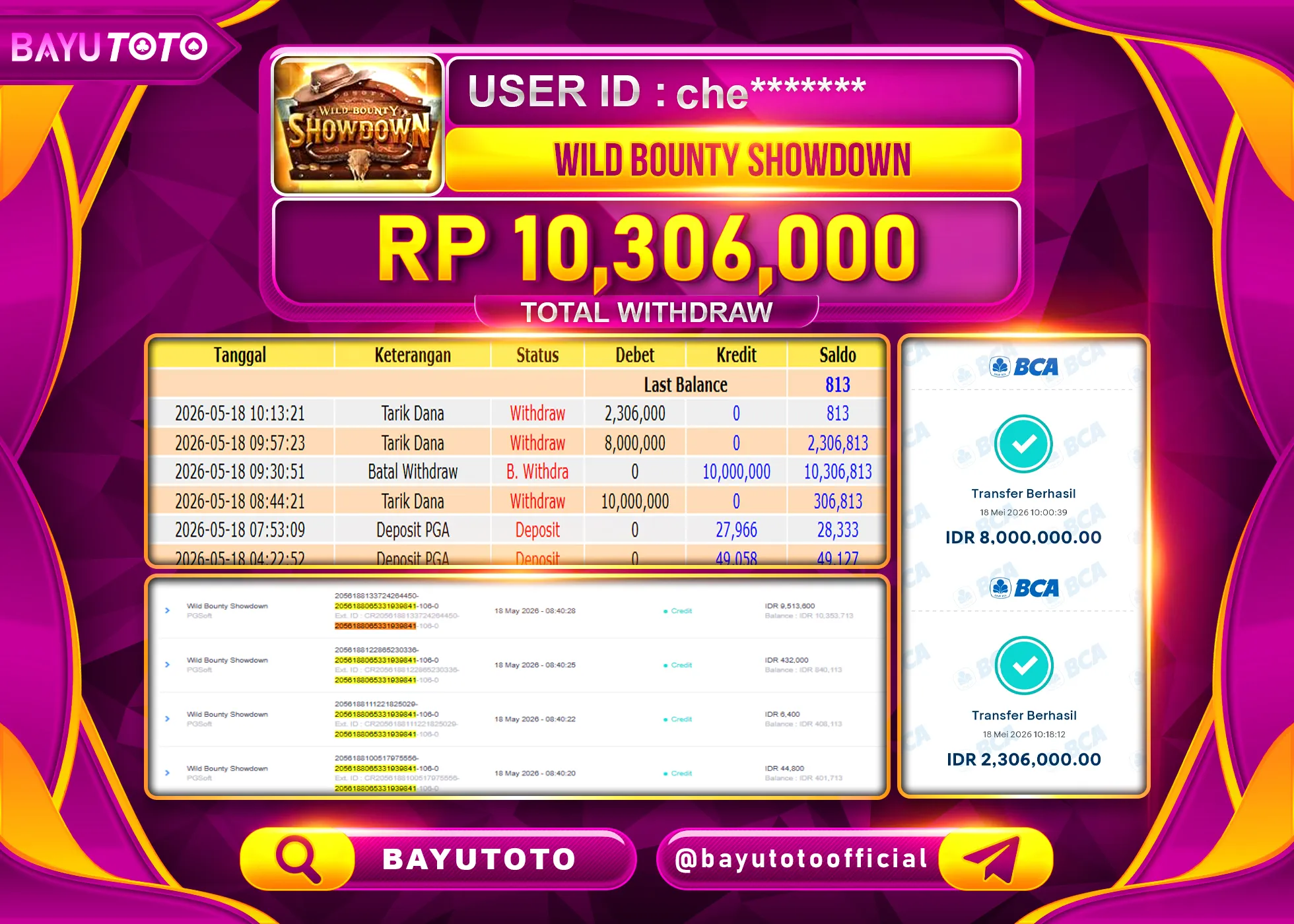 SELAMAT MEMBER SETIA BAYUTOTO JACKPOT DI SLOT WILD BOUNTY SHOWDOWN Rp. 10,306,000 LUNAS