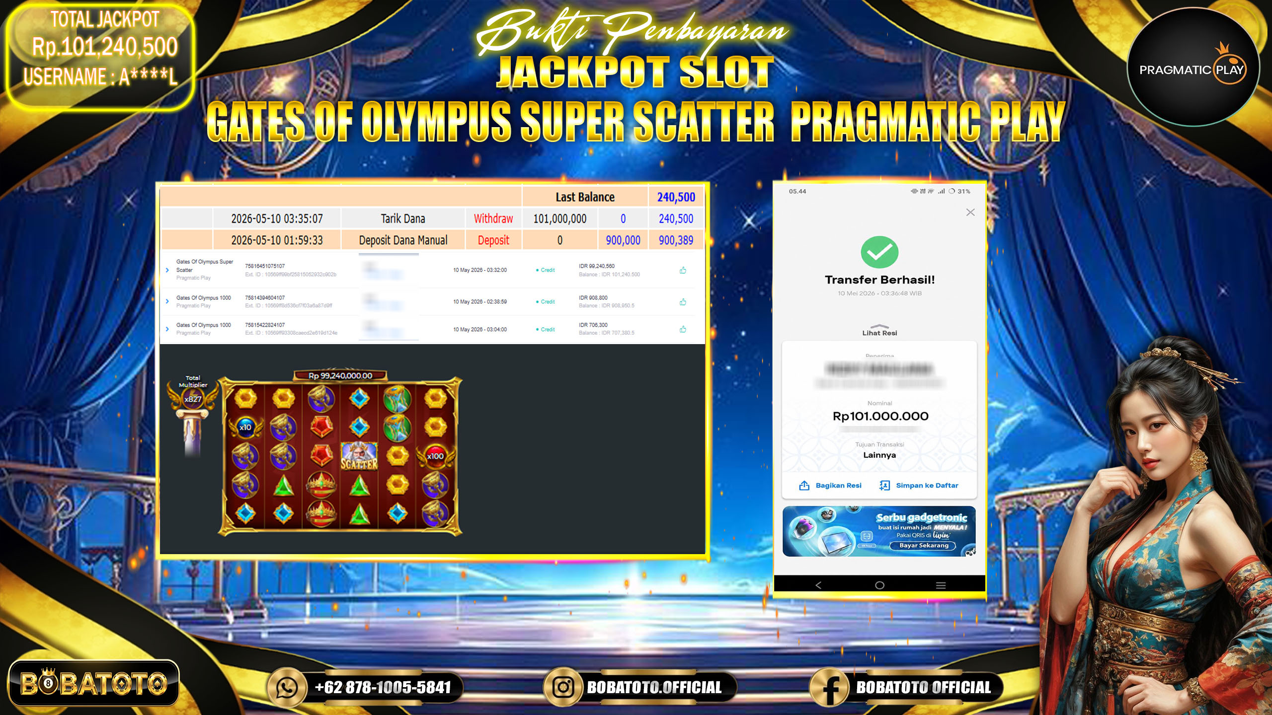 BOBATOTO JACKPOT  SLOT GATES OF OLYMPUS SUPER SCATTER PRAGMATIC PLAY Rp.101,000,000,- LUNAS!!!