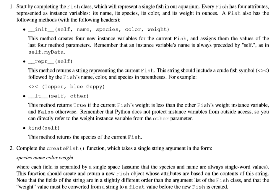 Solved 1. Start by completing the Fish class, which wll