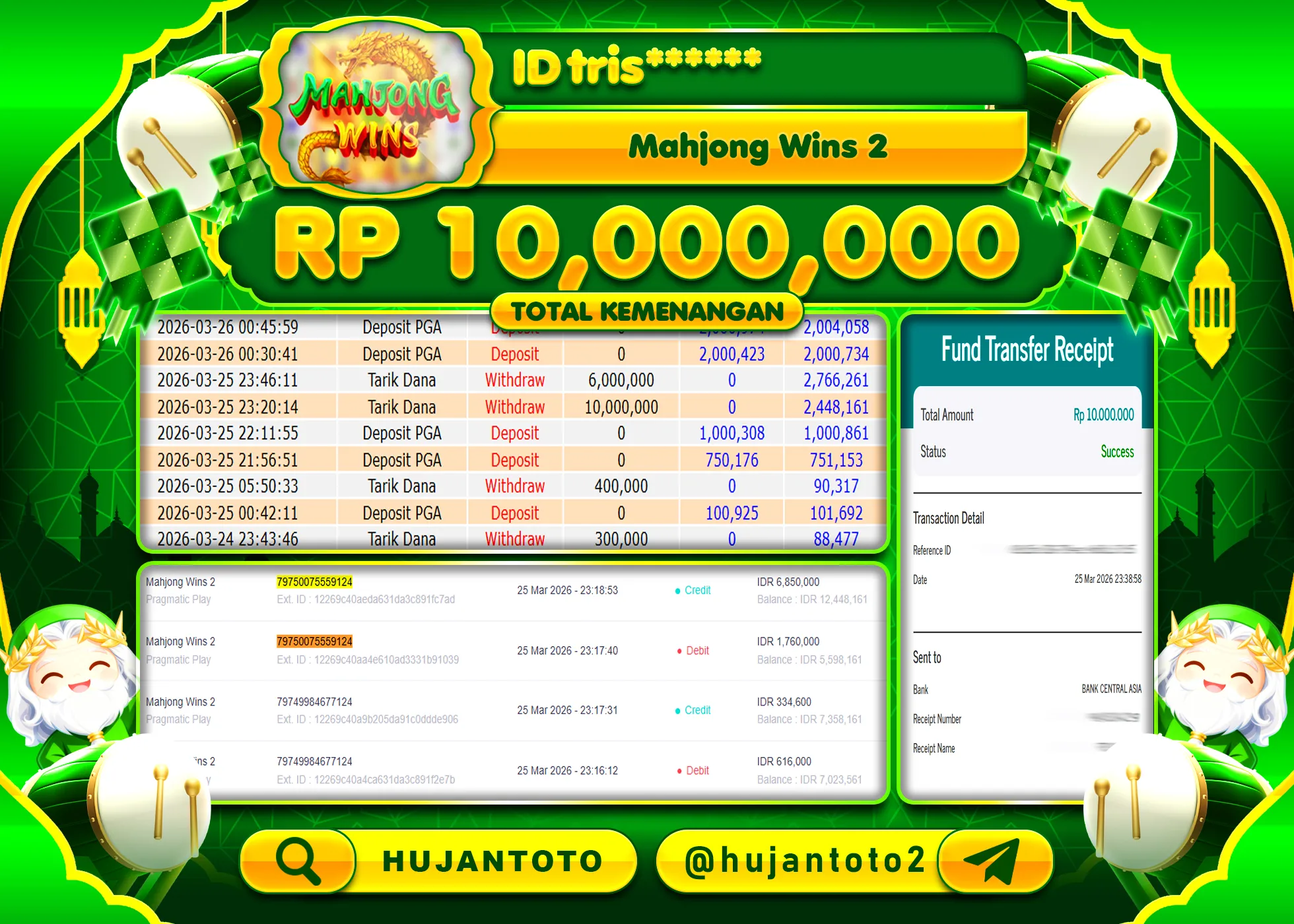 HUJANTOTO - BUKTI JACKPOT MENANG SLOT MAHJONG  WINS 2   Rp.10,000,000 - TERBAYAR LUNAS