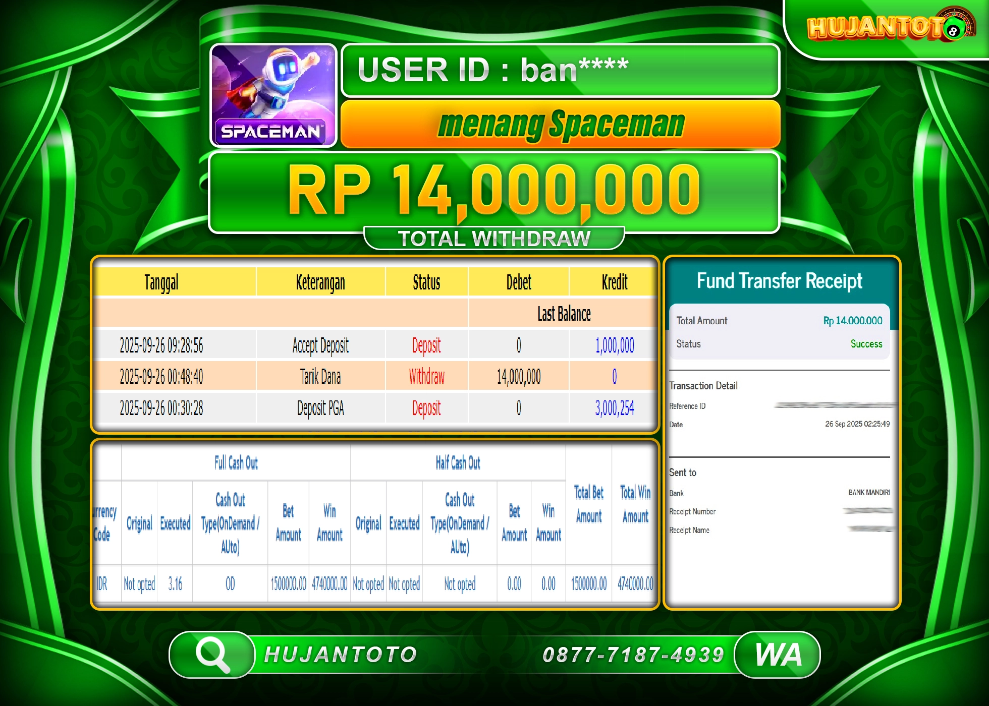 HUJANTOTO - BUKTI JACKPOT MENANG SLOT SPACEMAN ( PRAGMATIC PLAY )   Rp.14,000,000 - TERBAYAR LUNAS          