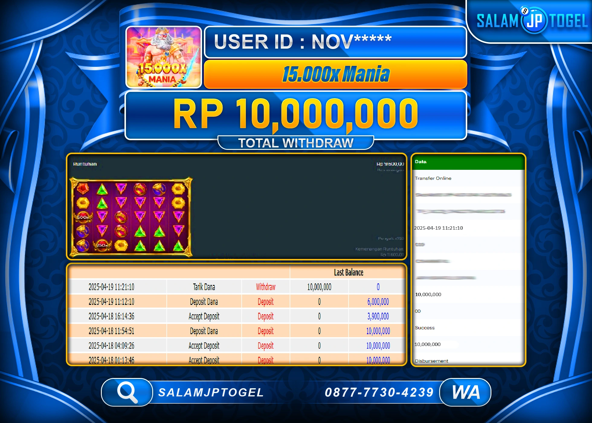 SALAMJPTOGEL MENANG 15.000X MANIA Rp.10,000,000 LUNAS