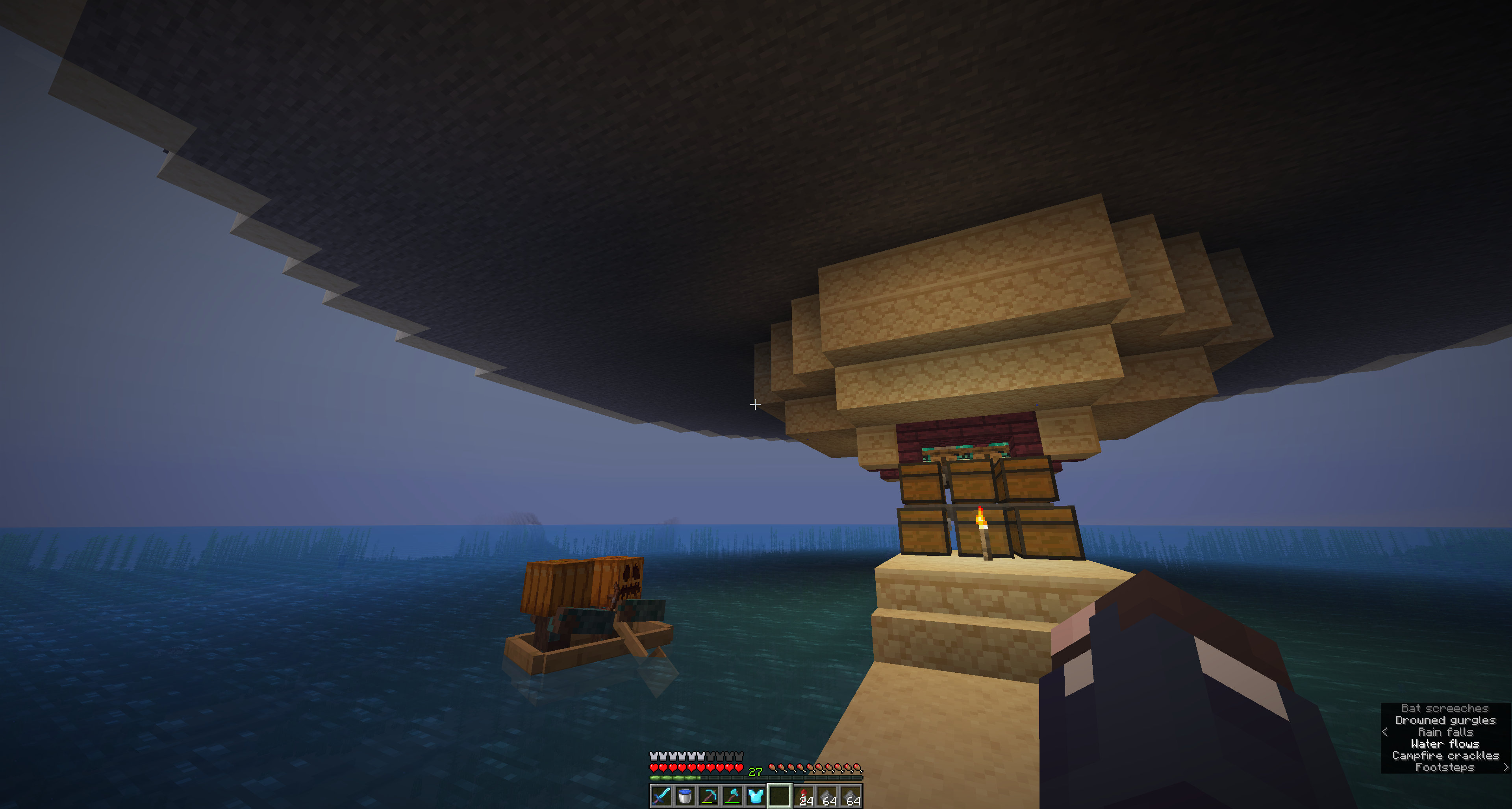 Collection area of a creeper farm above the ocean. In a boat next to the collection area are two drowned wearing pumpkins.