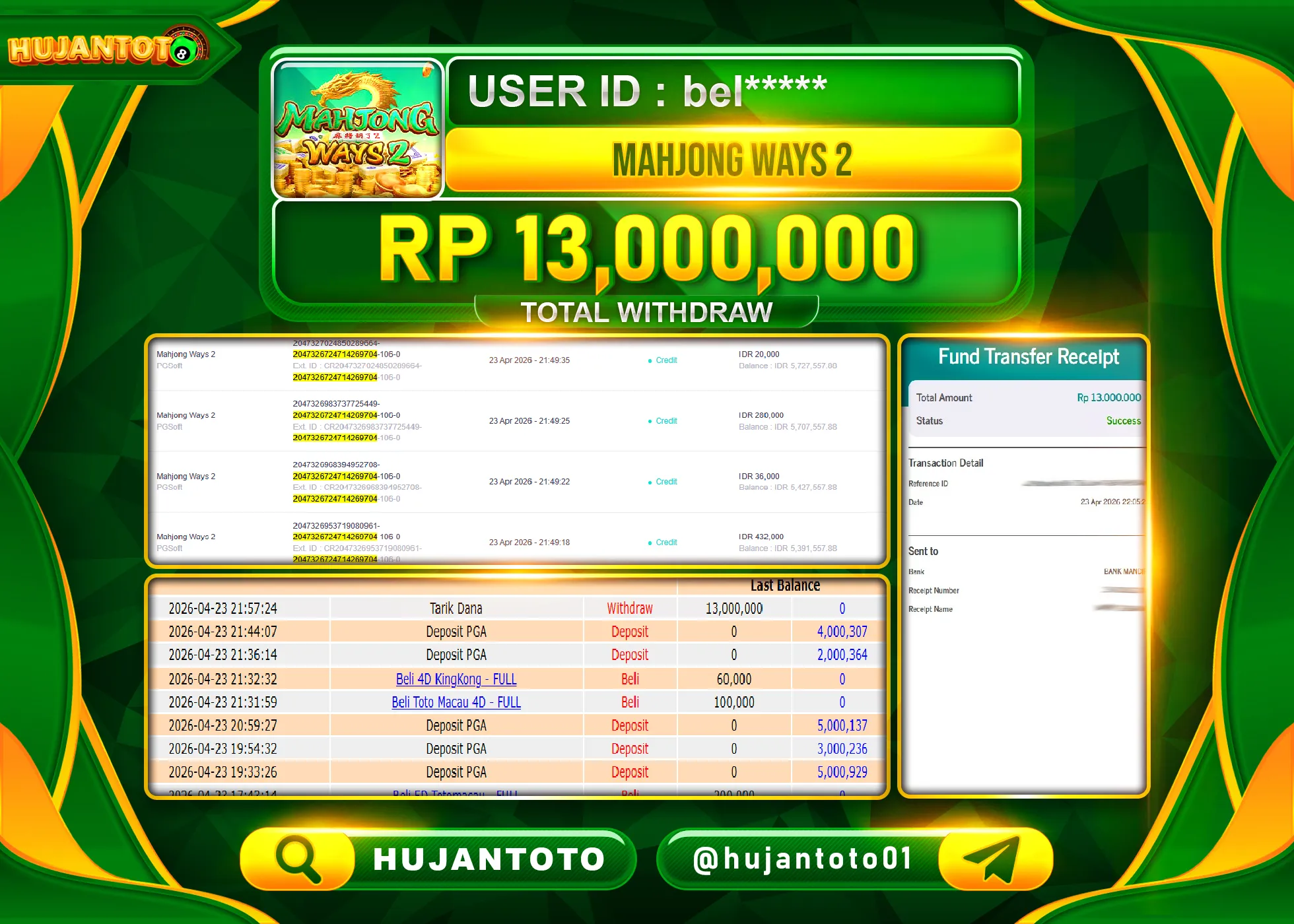 HUJANTOTO - BUKTI JACKPOT MENANG SLOT MAHJONG WAYS 2 PGSOFT Rp.13,000,000 - TERBAYAR LUNAS