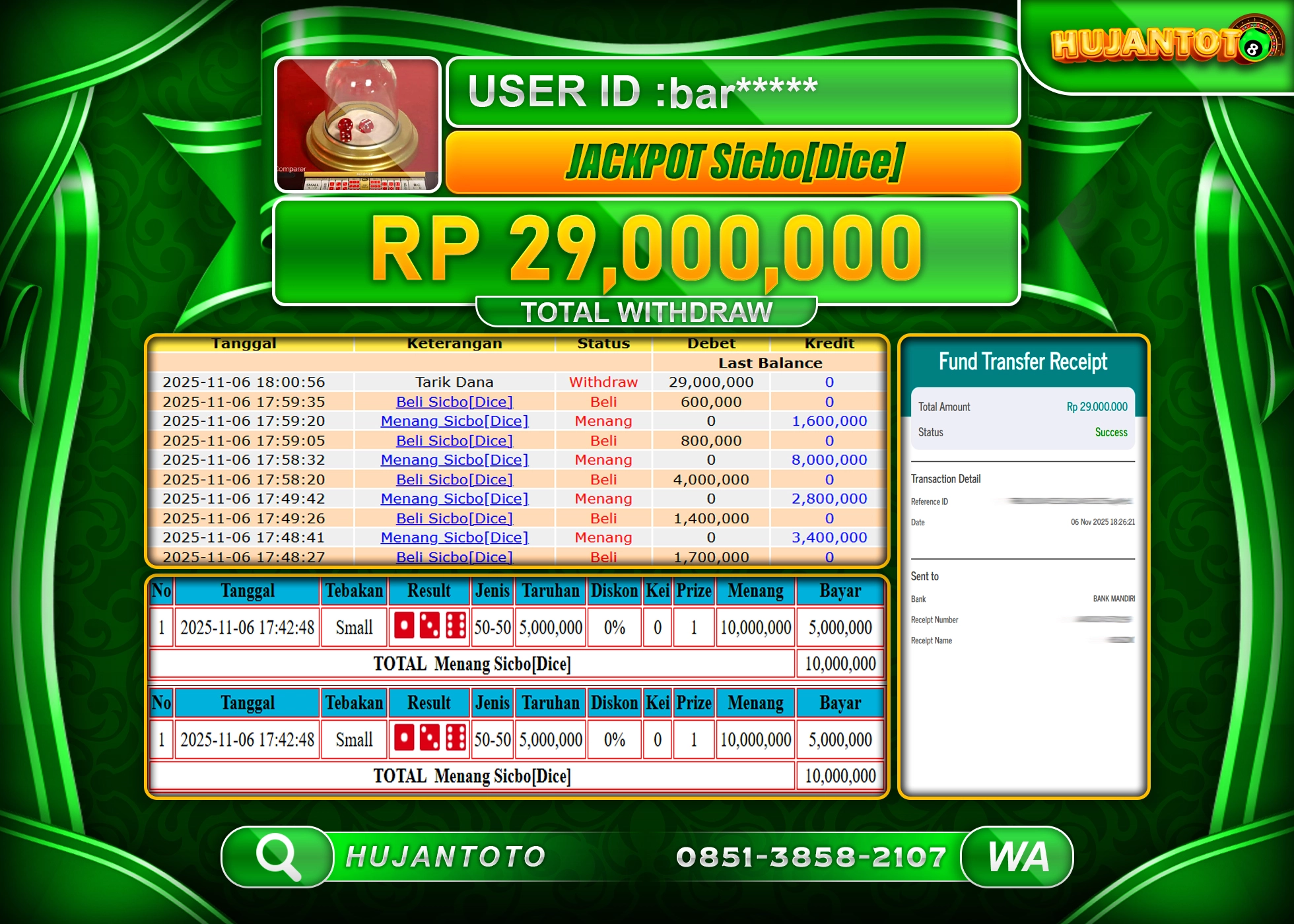 HUJANTOTO - BUKTI JACKPOT MENANG LIVEGAMES SICBO DICE Rp.29,000,000 - TERBAYAR LUNAS