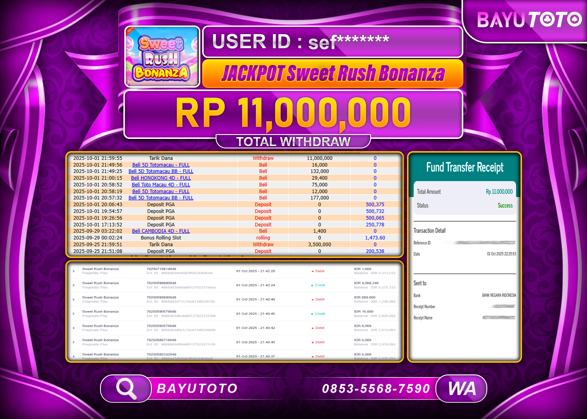 BAYUTOTO JACKPOT DI GAME  SLOT SWEET RUSH BONANZA Rp.11,000,000 LUNAS