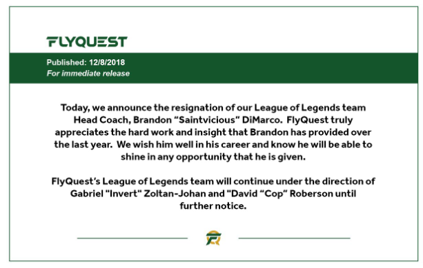 Comunicado oficial de FlyQuest sobre la salida de Saintvicious del equipo. Fuente: https://twitter.com/FlyQuestSports Comunicado oficial de FlyQuest sobre la salida de Saintvicious del equipo. Fuente: https://twitter.com/FlyQuestSports