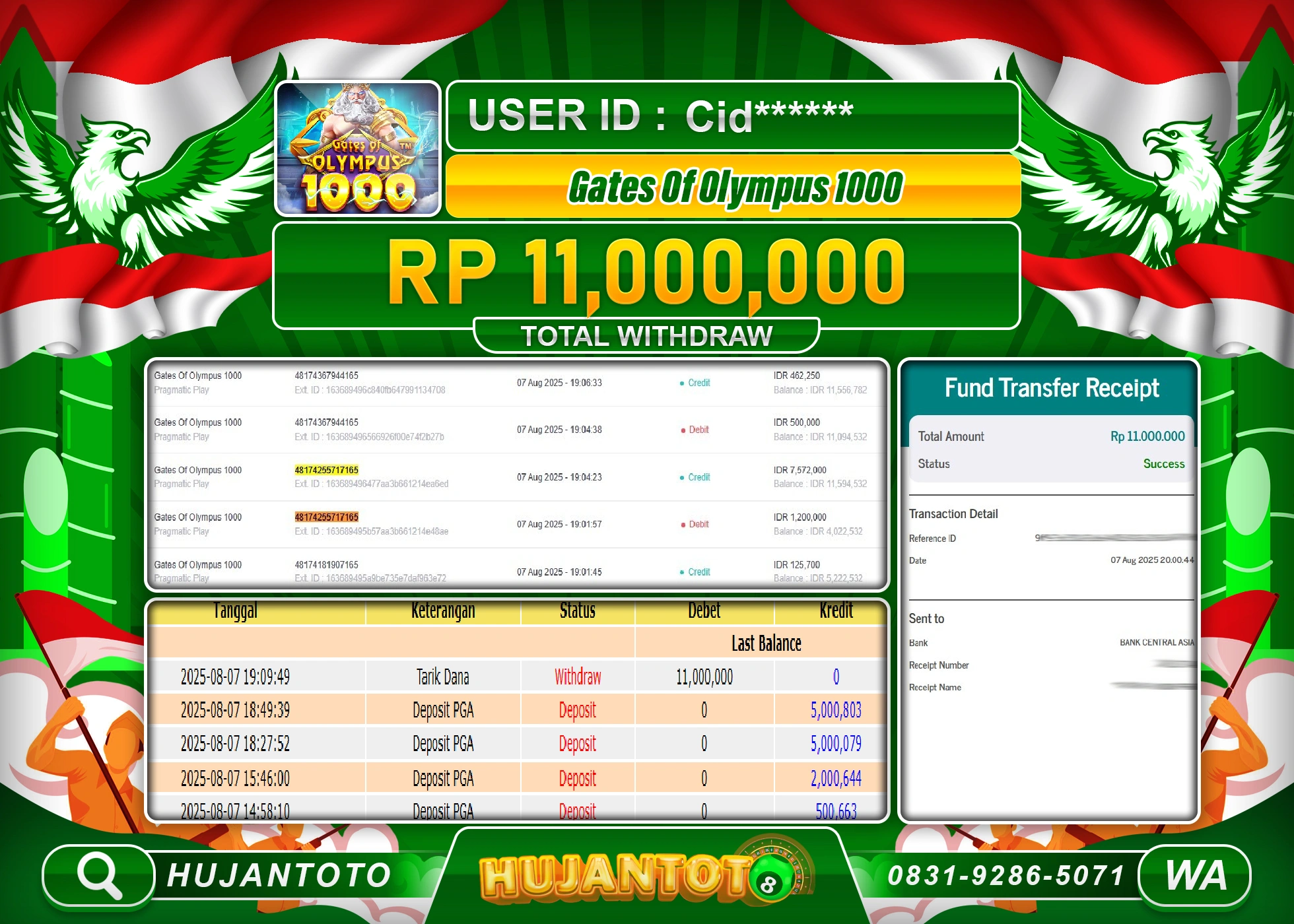 HUJANTOTO - BUKTI JACKPOT MENANG SLOT GATES OF OLYMPUS 1000 Rp.11,000,000 - TERBAYAR LUNAS