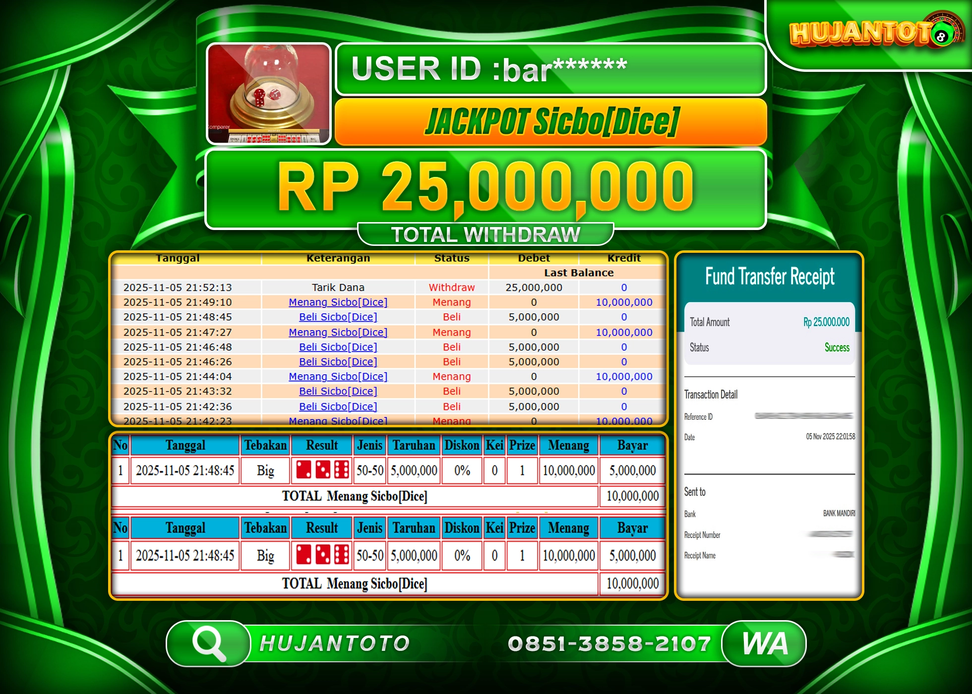 HUJANTOTO - BUKTI JACKPOT MENANG LIVEGAME SICBO[DICE] Rp.25,000,000 - TERBAYAR LUNAS