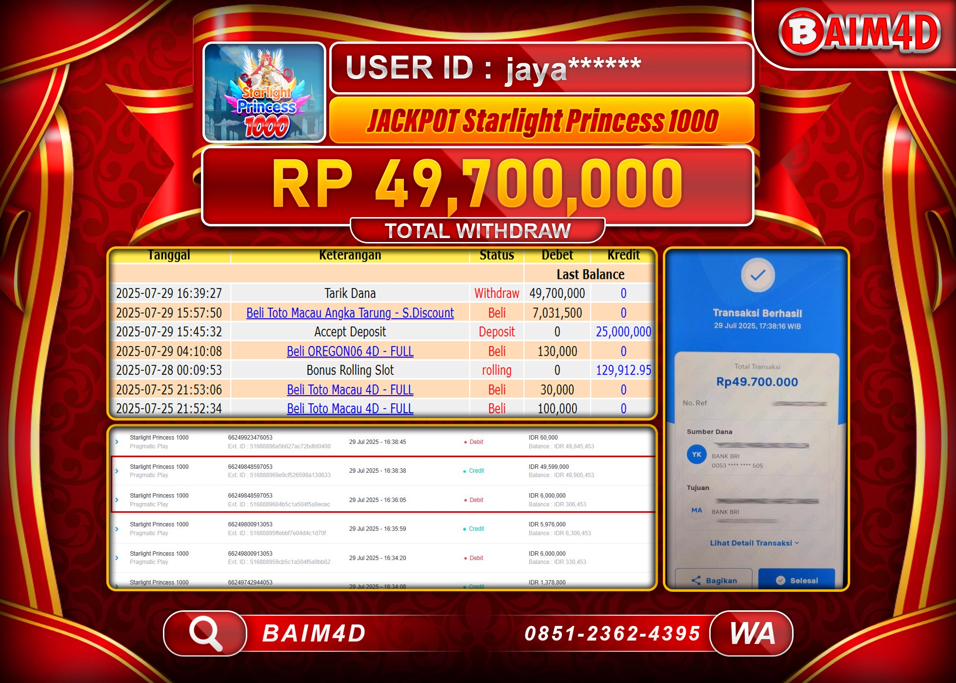 BAIM4D JACKPOT SLOT STARLIGHT PRINCESS 1000 Rp.49,700,000.- LUNAS