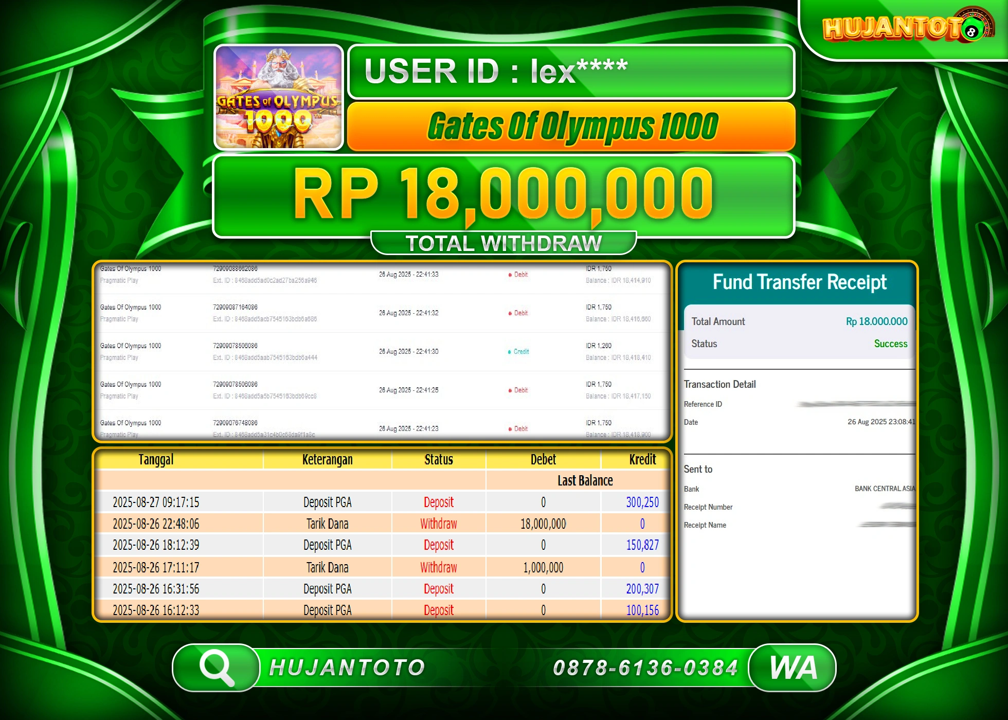 HUJANTOTO - BUKTI JACKPOT MENANG SLOT GATES OF OLYMPUS 1000 Rp.18,000,000 - TERBAYAR LUNAS