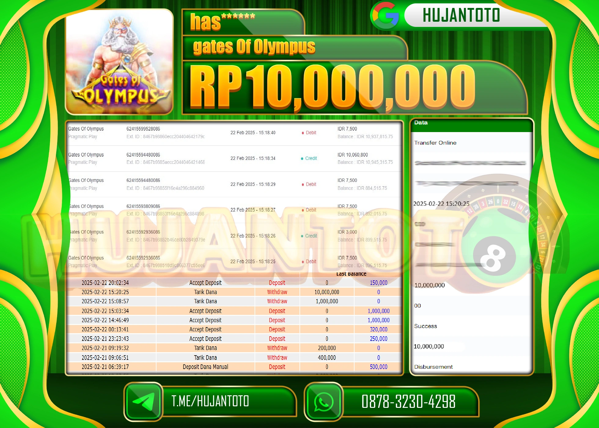 HUJANTOTO - BUKTI JACKPOT MENANG SLOT GATES OF OLYMPUS Rp. 10.000.000 - TERBAYAR LUNAS