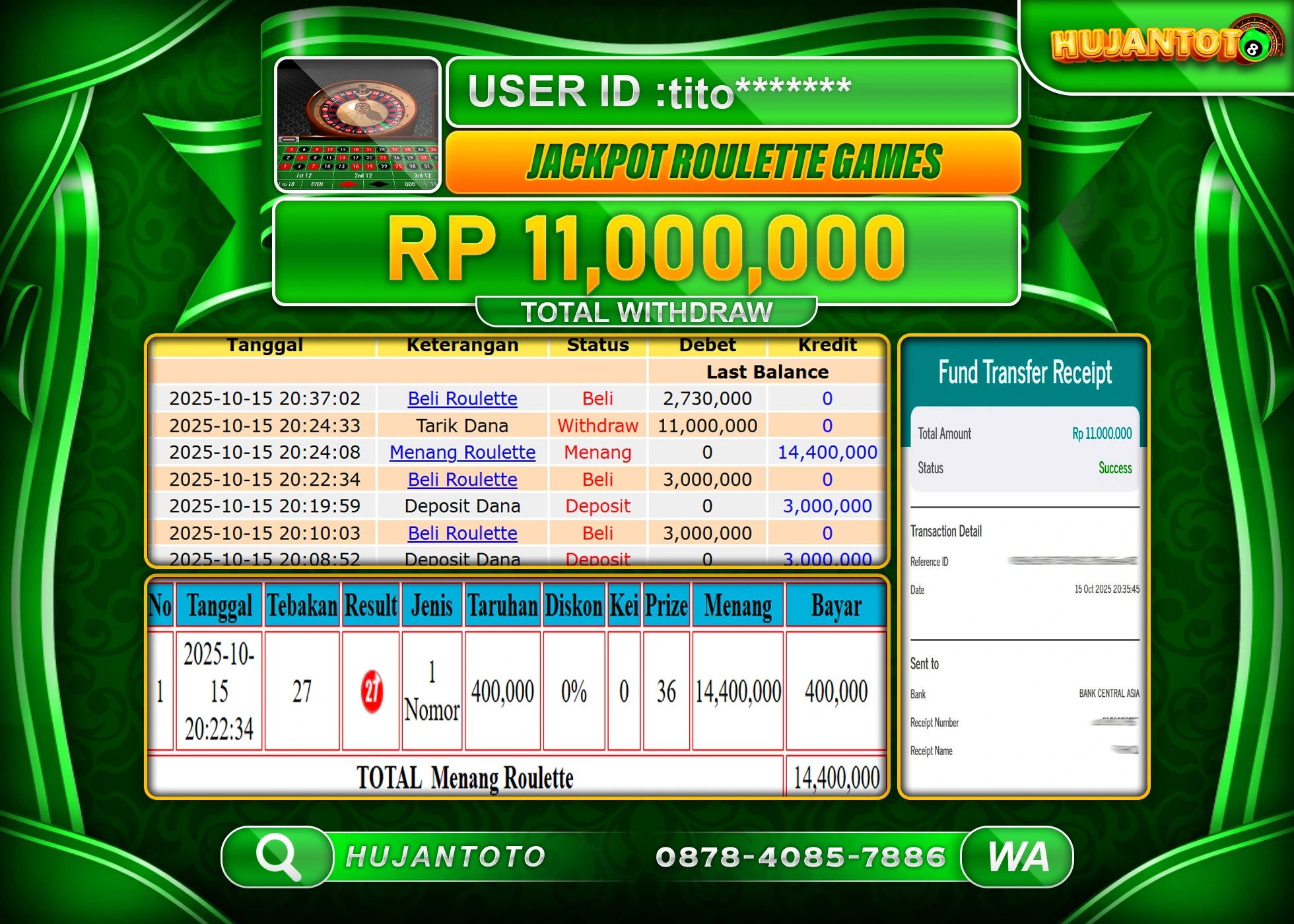 HUJANTOTO - BUKTI JACKPOT MENANG LIVEGAMES ROULETTE GAMES Rp.11,000,000 - TERBAYAR LUNAS