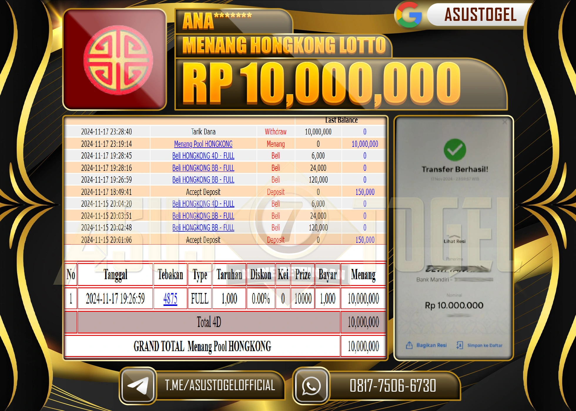 ASUSTOGEL KEMENANGAN TOGEL HONGKONG LOTTO SEBESAR 10,000,000- RUPIAH LUNAS