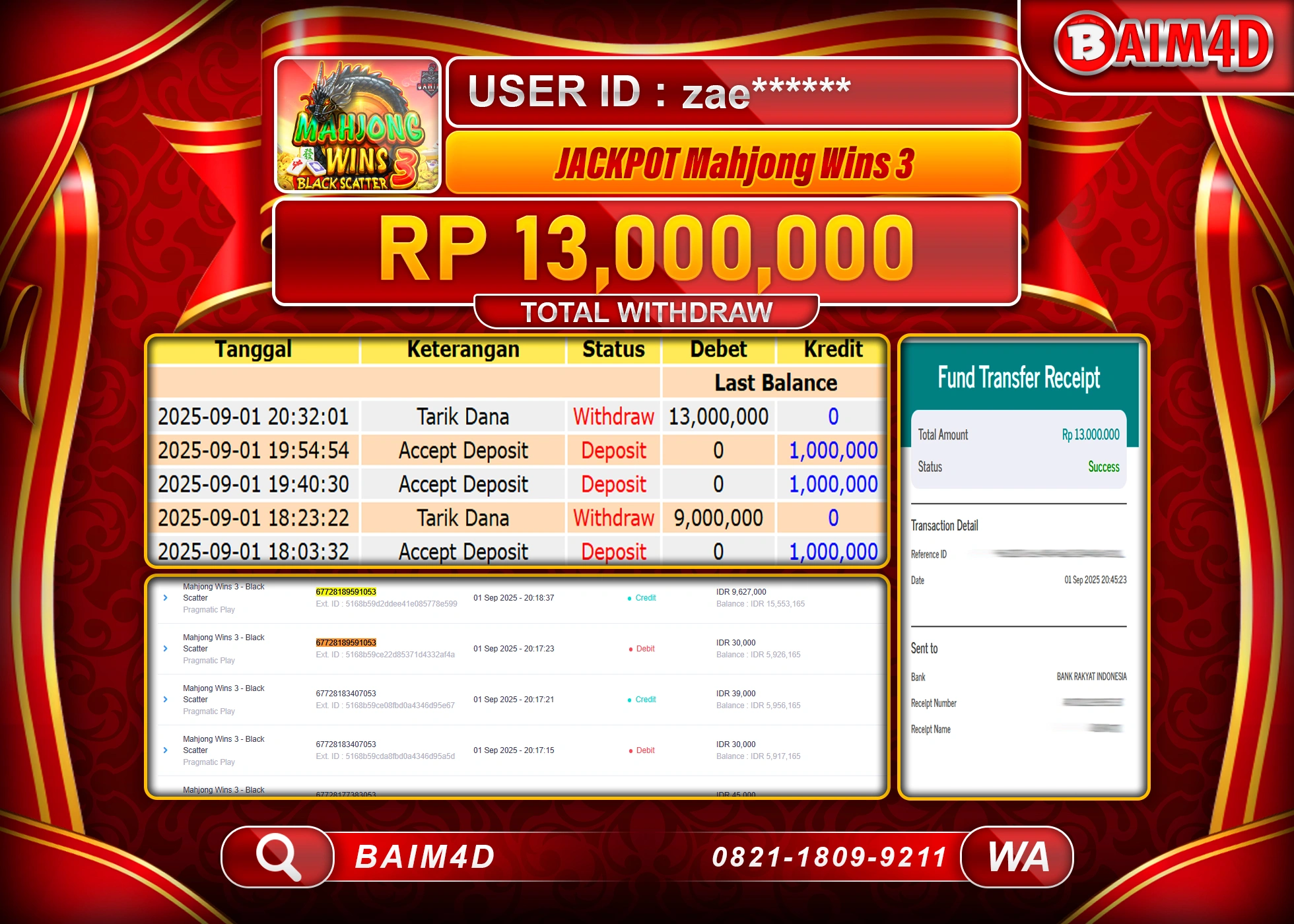 BAIM4D JACKPOT SLOT MAHJONG WINS 3  Rp.13,000,000.- LUNAS