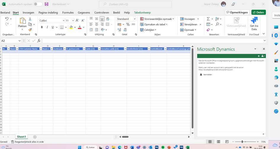 Voorbeeld integratie hoe een lijst van Business Central in Excel eruit kan zien