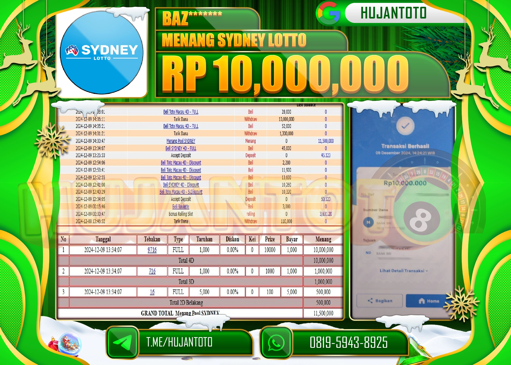 HUJANTOTO KEMENANGAN BESAR YANG DI RAIH DI PERMAINAN TOGEL SYDNEY LOTTO - 10,000,000 - TERBAYAR LUNAS