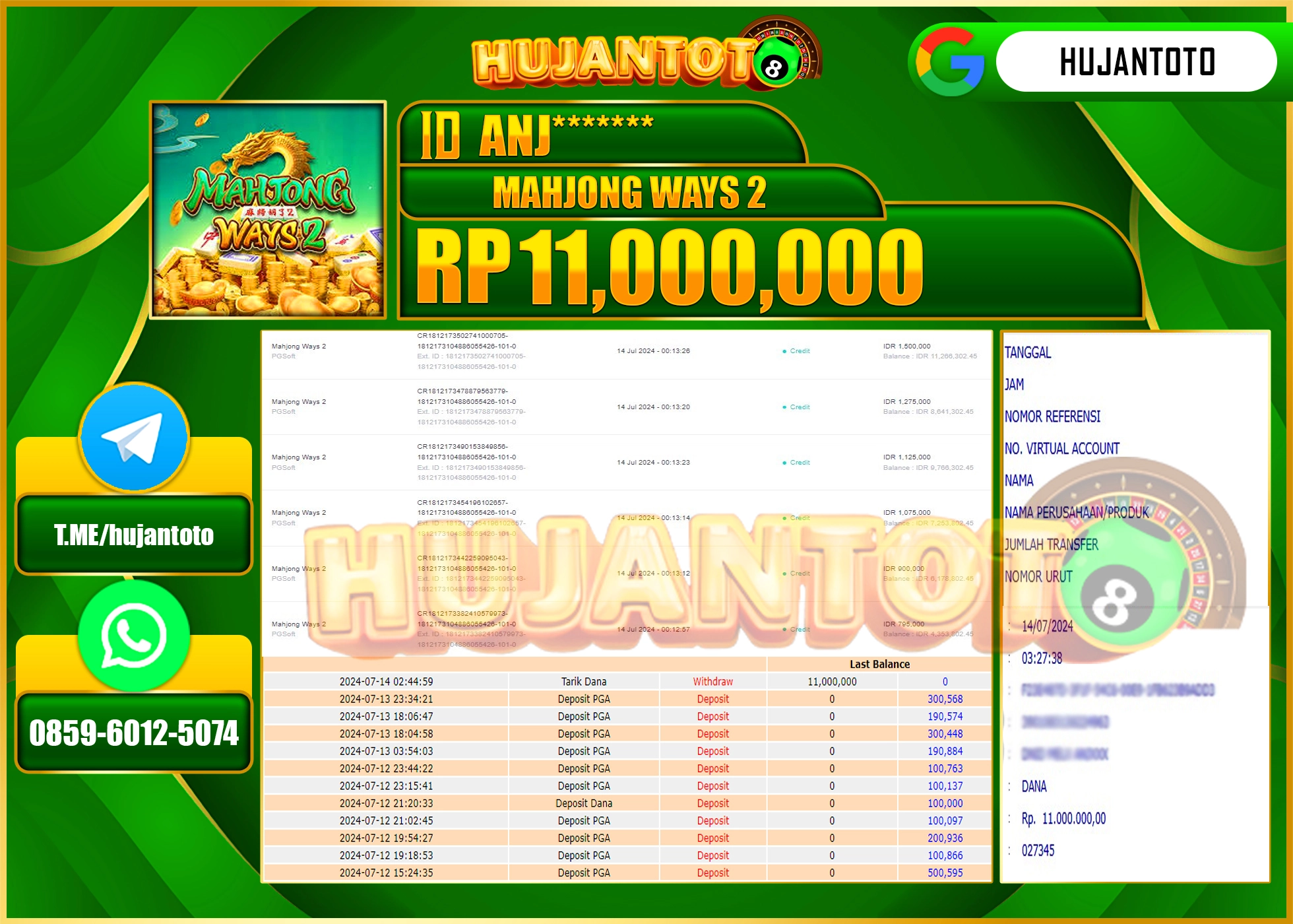 HUJANTOTO MENANG PERMAINAN SLOT MAHJONG WAYS 2  11.000.000 - LUNAS 