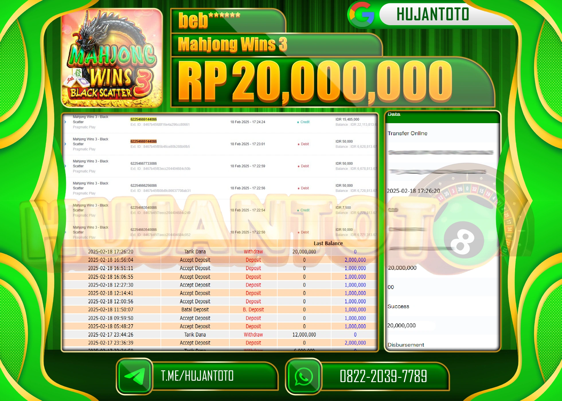 HUJANTOTO - BUKTI JACKPOT MENANG SLOT MAHJONG WINS 3 Rp,20,000,000 - TERBAYAR LUNAS