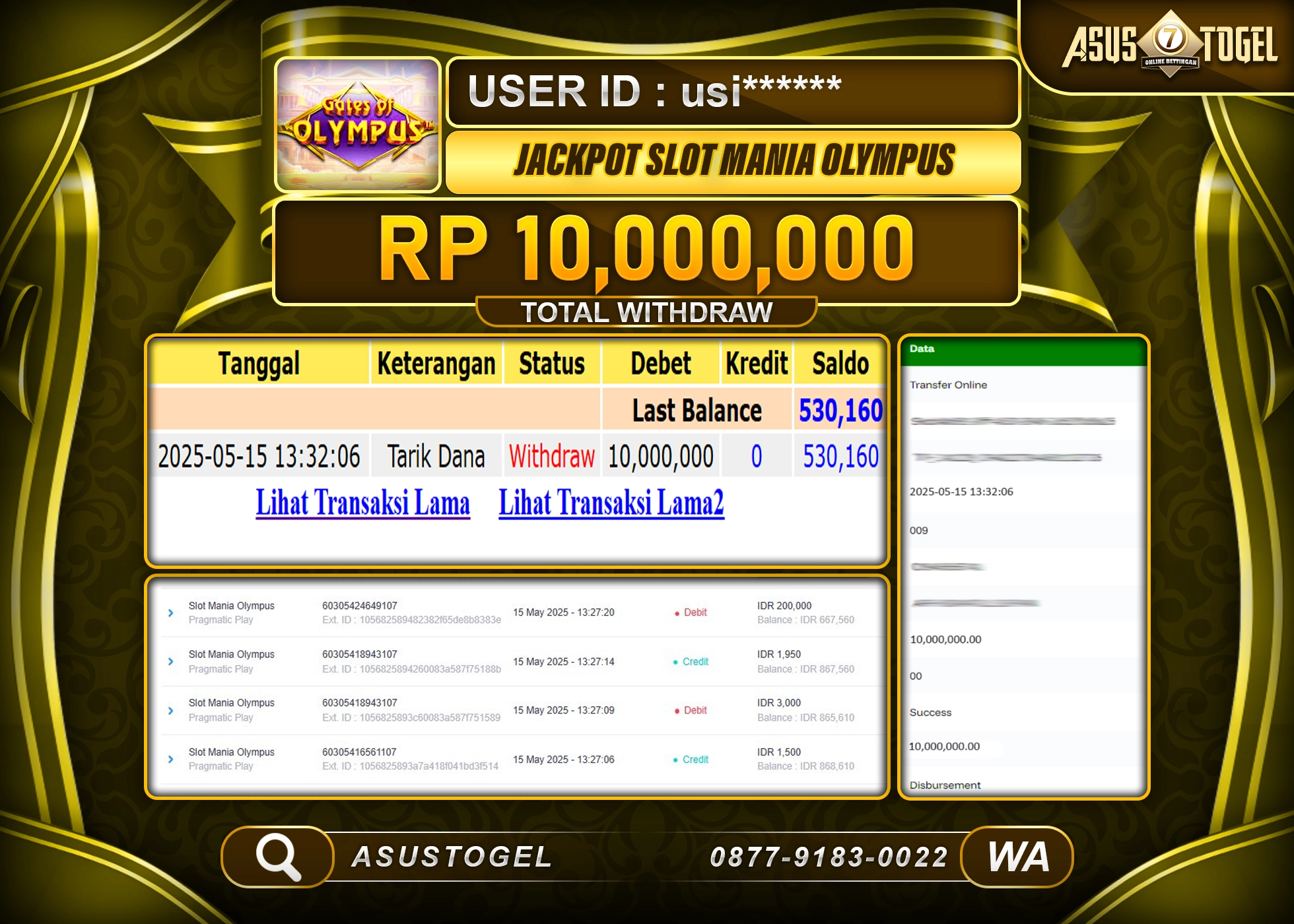 ASUSTOGEL KEMENANGAN DI SLOT MANIA OLYMPUS SEBESAR 10,000,000- RUPIAH LUNAS