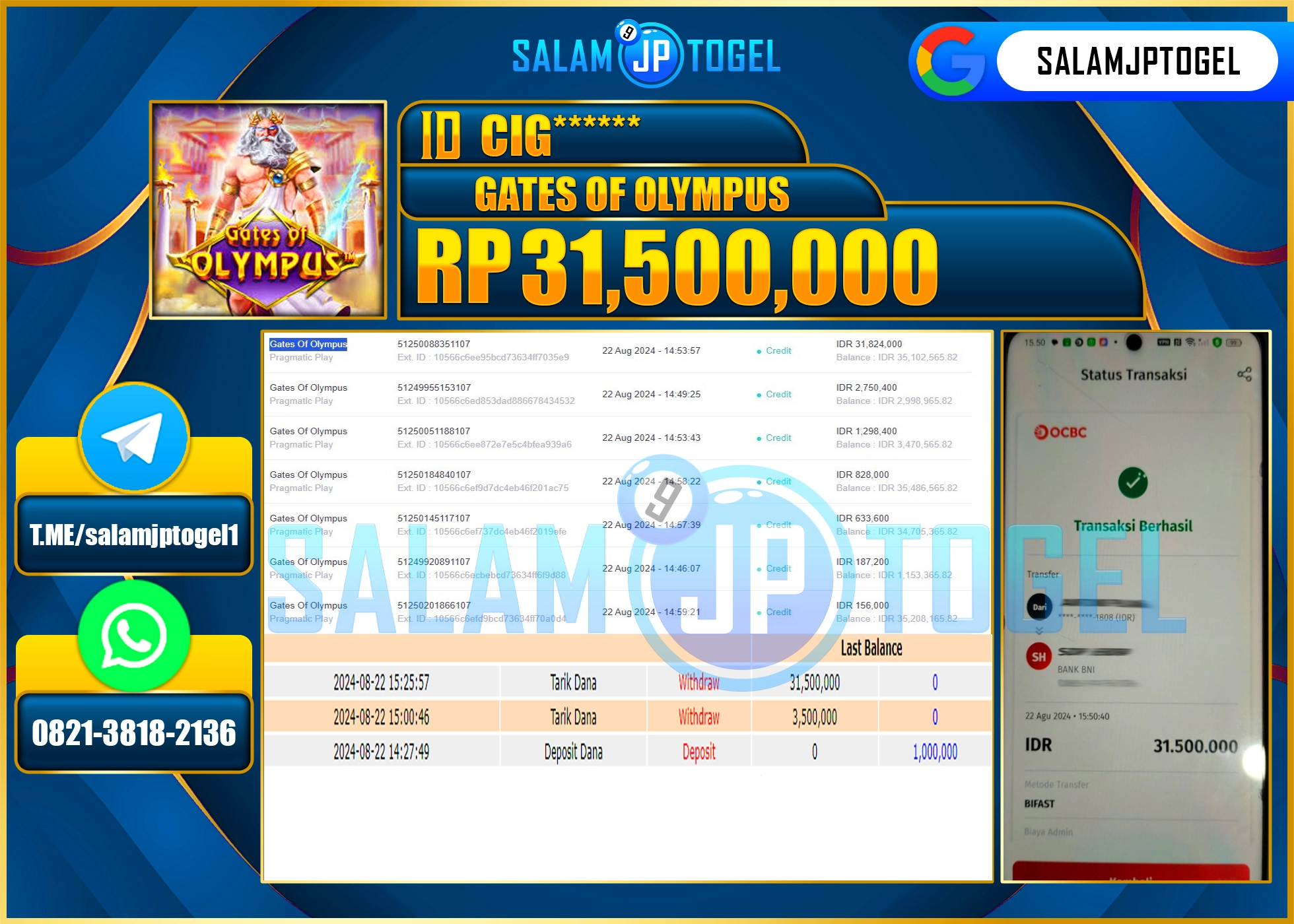 SALAMJPTOGEL MENANG Gates Of Olympus RP. 31,500,000 LUNAS