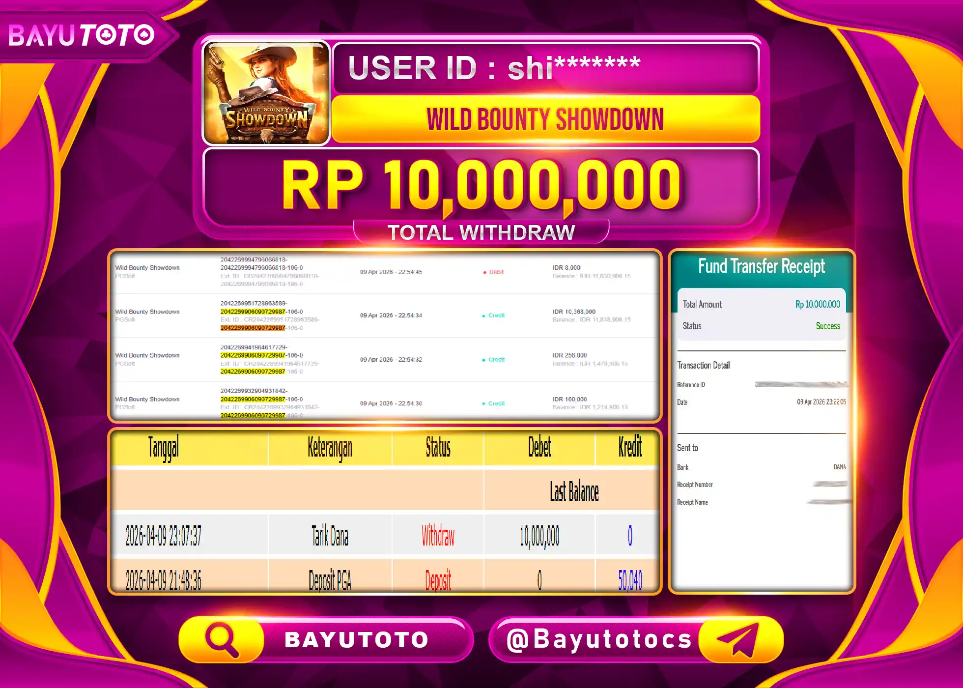 SELAMAT MEMBER BAYUTOTO JACKPOT DI SLOT WILD BOUNTY SHOWDOWN Rp. 10,000,000 LUNAS