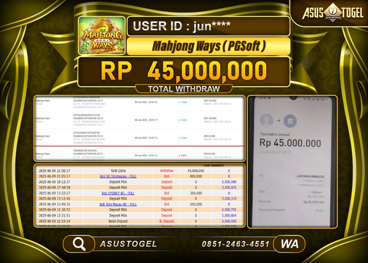 ASUSTOGEL KEMENANGAN DI SLOT MAHJONG WAYS SEBESAR 45,000,000- RUPIAH LUNAS