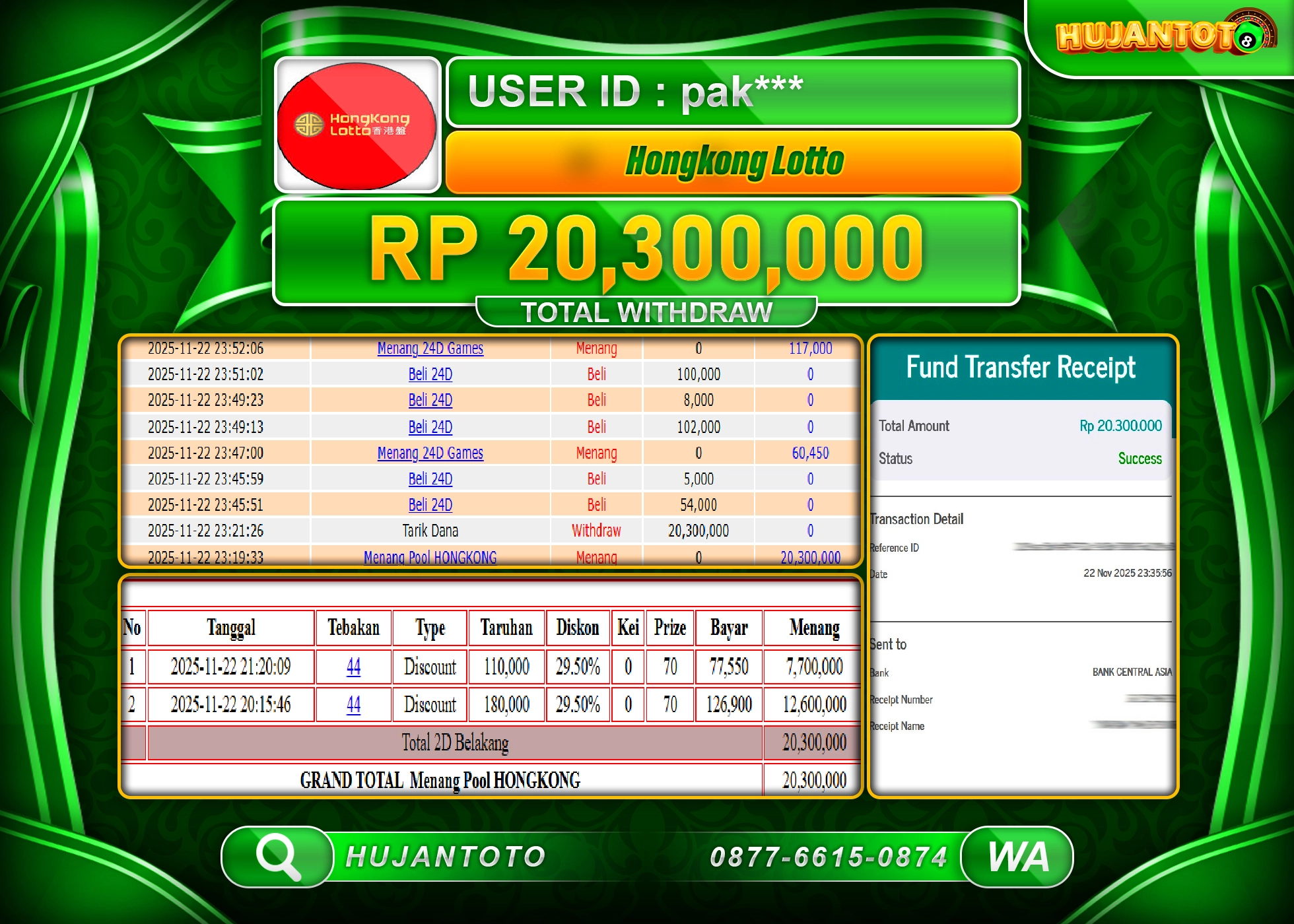 HUJANTOTO - BUKTI JACKPOT MENANG TOGEL HONGKONG LOTTO Rp.20,300,000 - TERBAYAR LUNAS
