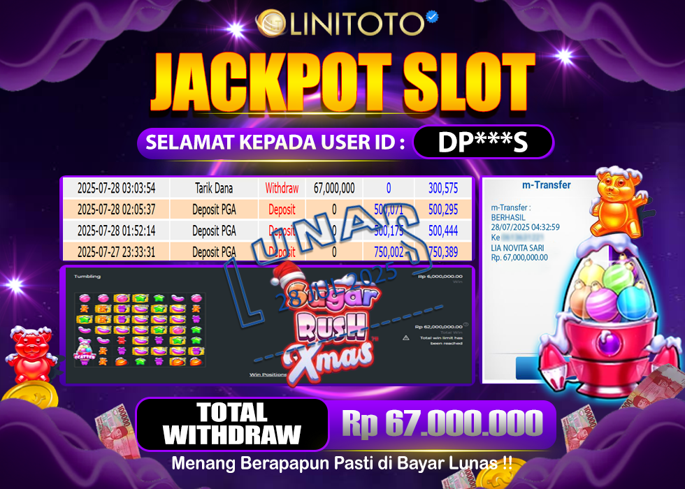 LINITOTO JACKPOT SLOT SUGAR RUSH XMAS DAY Rp.67.000.000,- LUNAS