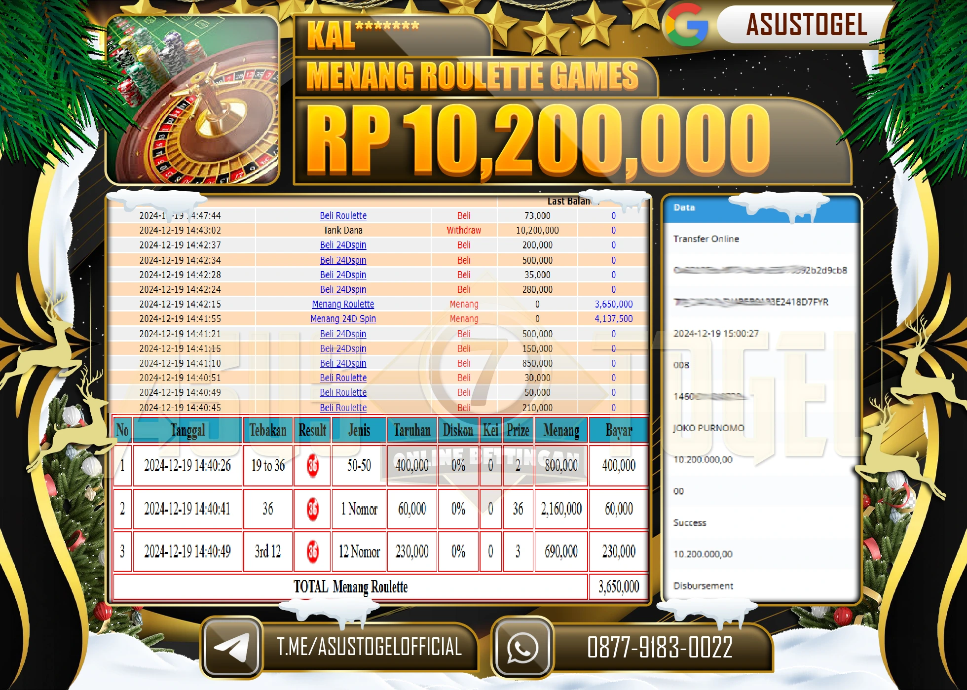 ASUSTOGEL KEMENANGAN DI LIVEGAME  ROULLETE SEBESAR 10,200,000 - RUPIAH LUNAS
