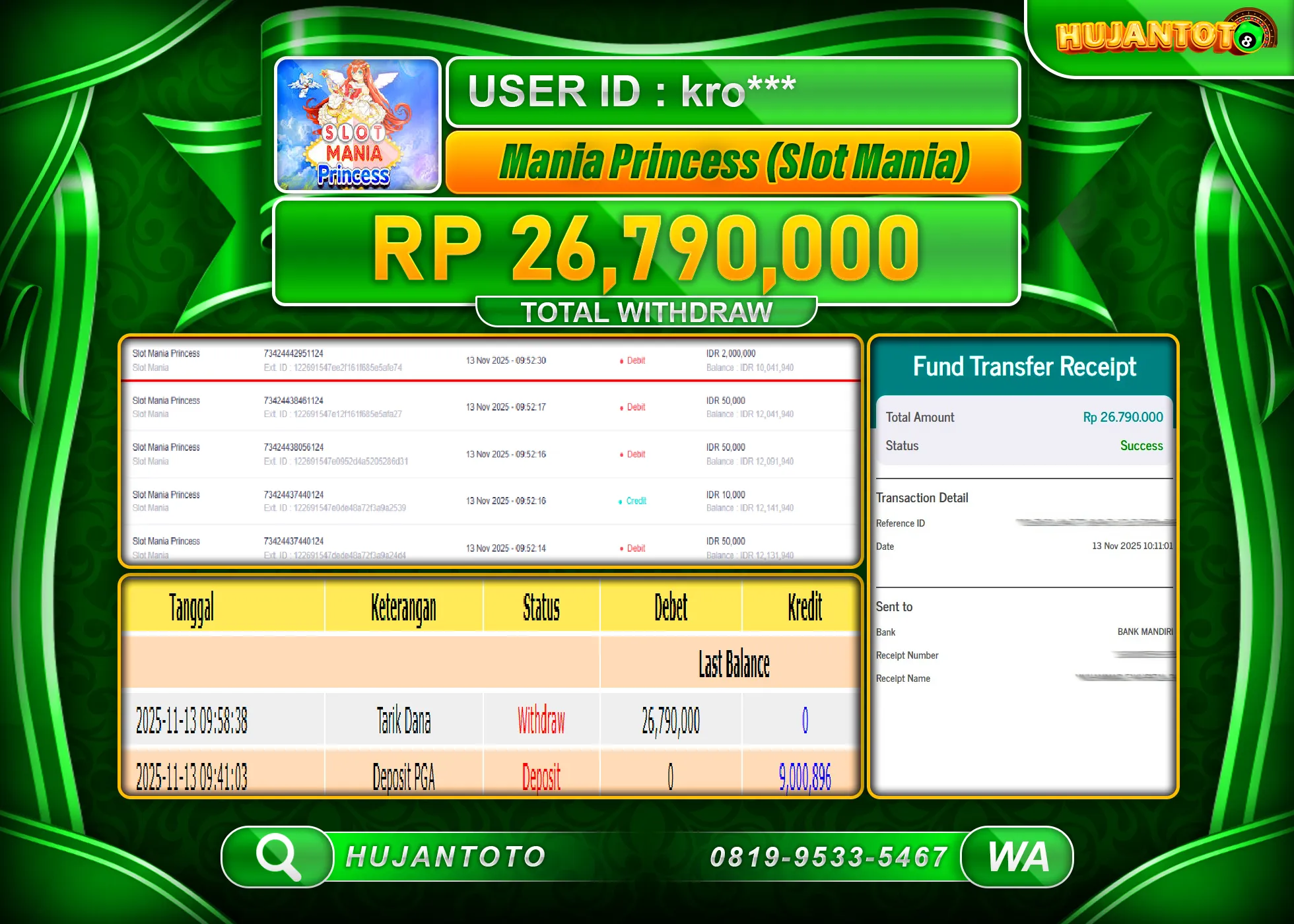 HUJANTOTO - BUKTI JACKPOT MENANG SLOT SLOT MANIA PRINCESS Rp.26,790,000 - TERBAYAR LUNAS