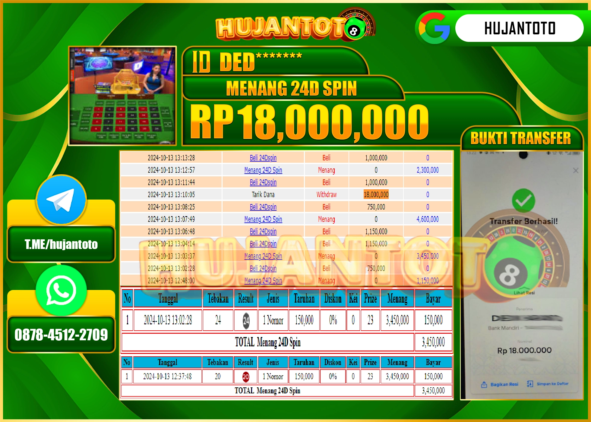 HUJANTOTO MENANG DI LIVE GAME 24D SPIN  - 18,000,000- LUNAS 
