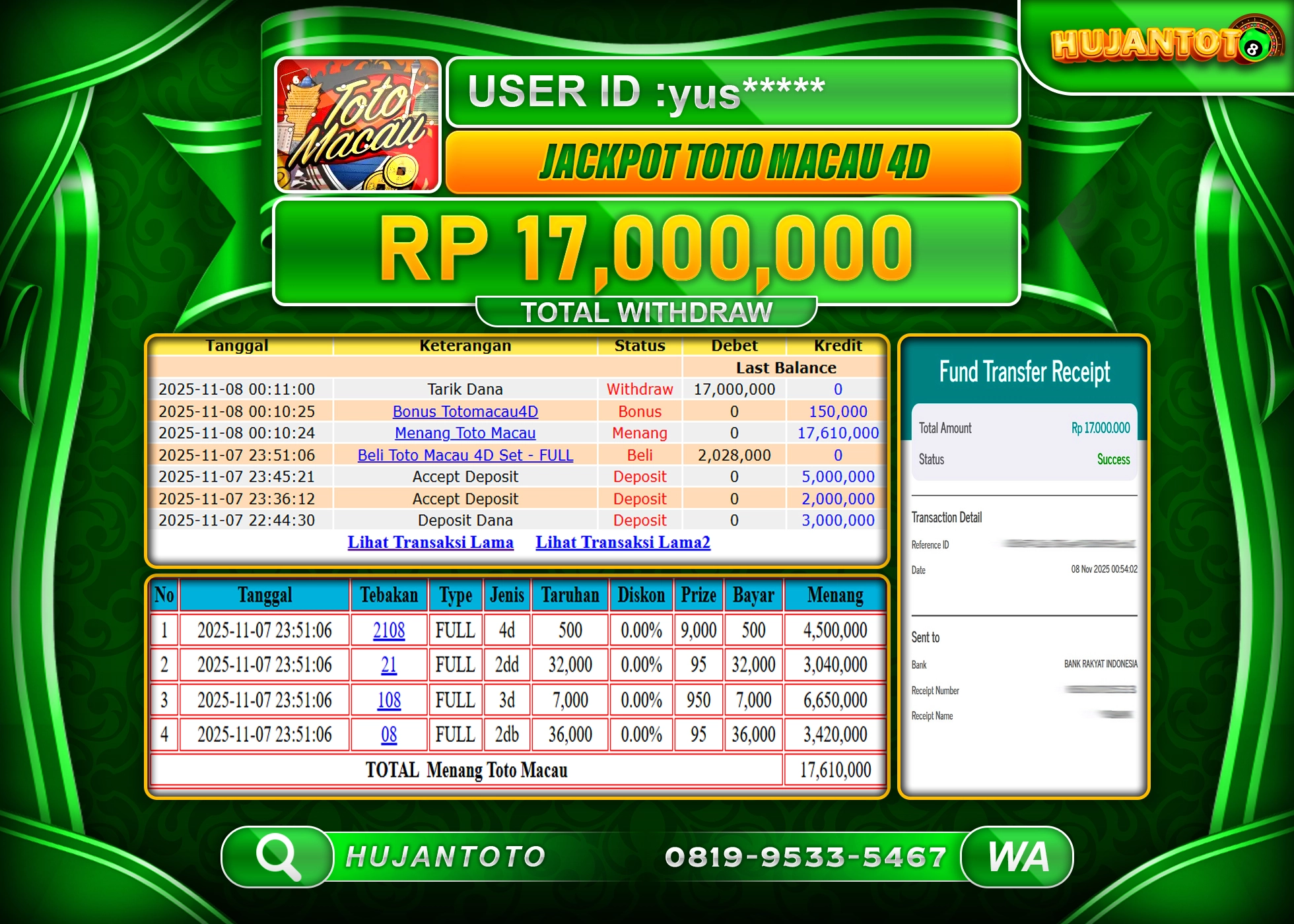 HUJANTOTO - BUKTI JACKPOT MENANG TOGEL TOTO MACAU 4D Rp.17,000,000  - TERBAYAR LUNAS