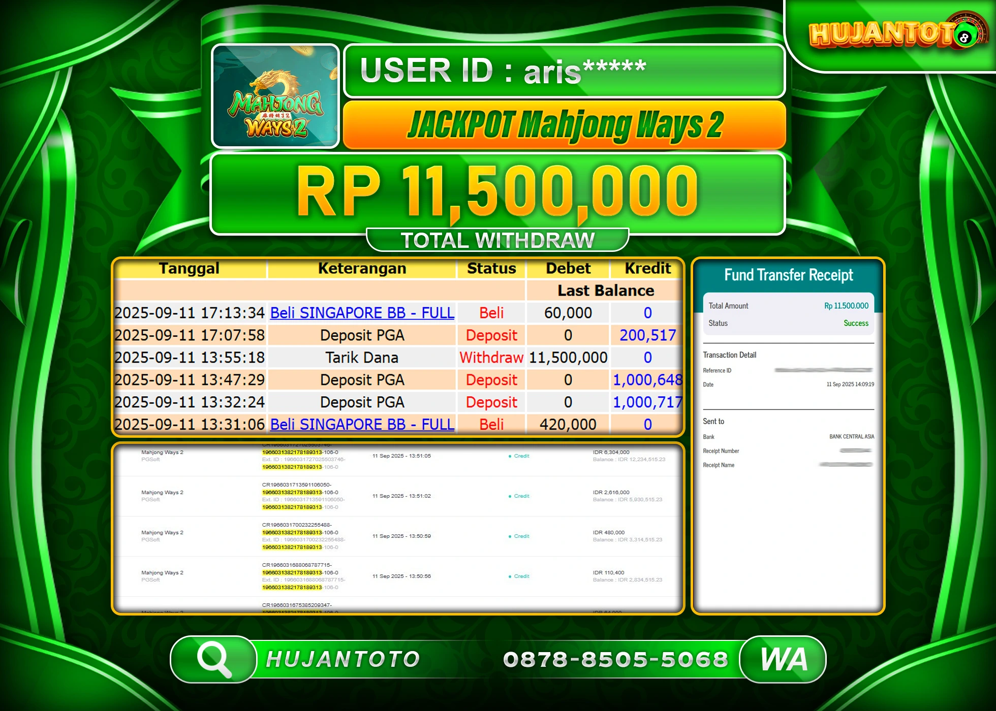 HUJANTOTO - BUKTI JACKPOT MENANG SLOT MAHJONG WAYS 2 Rp.11,500,000 - TERBAYAR LUNAS