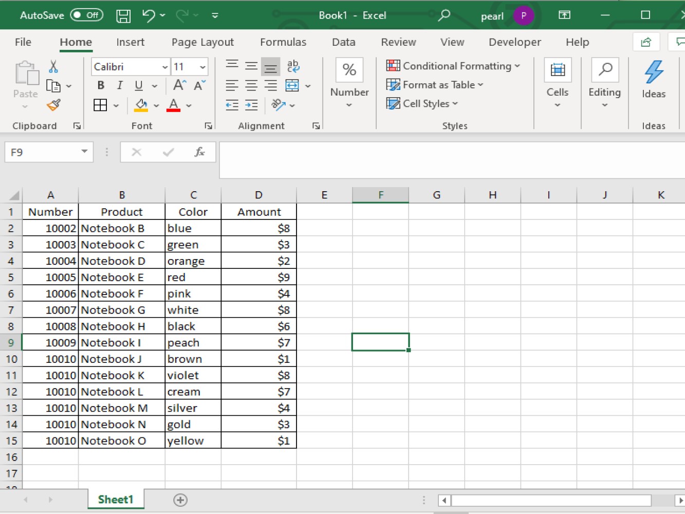Screenshot of reference data for autofilter
