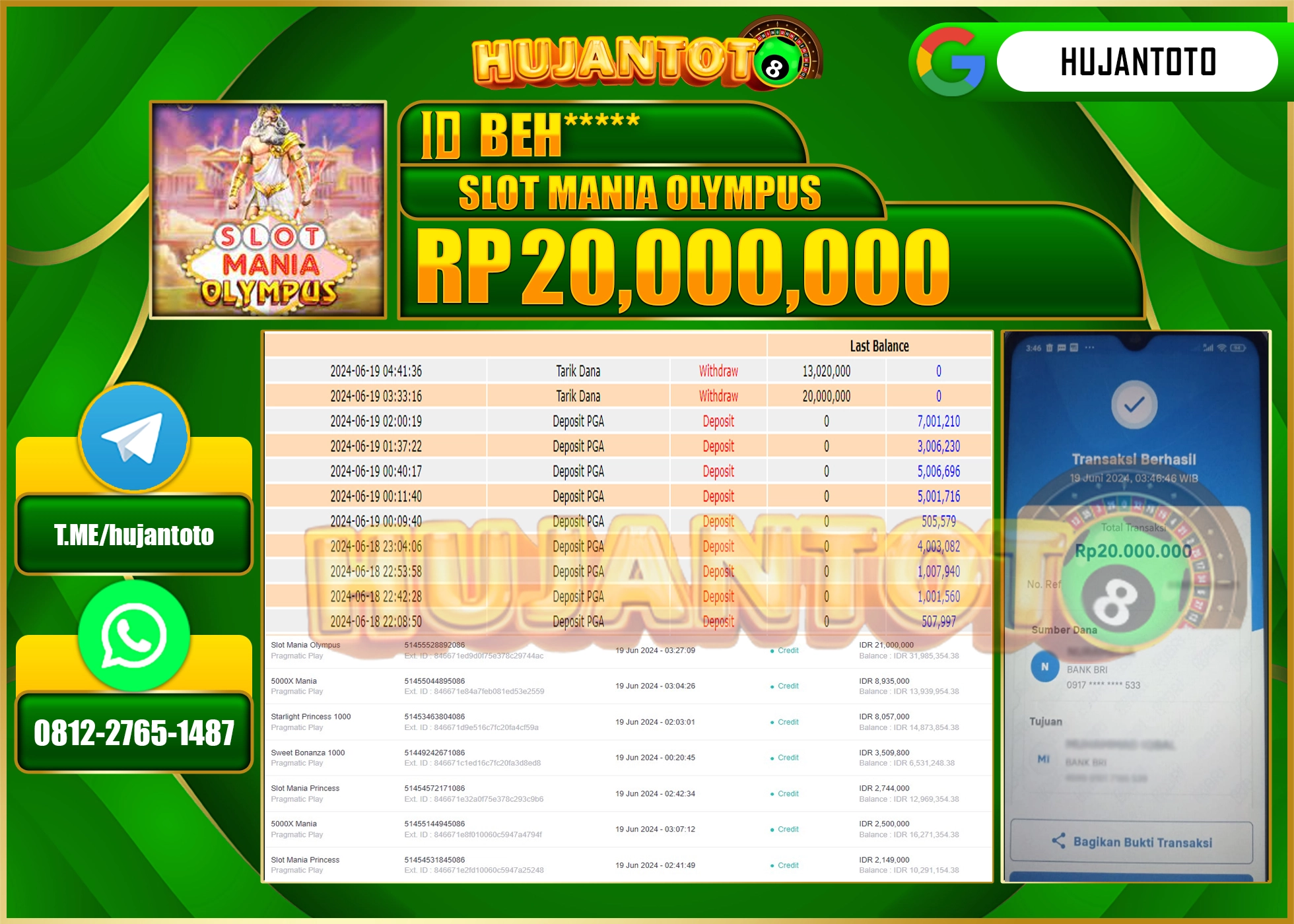 HUJANTOTO MENANG DI SLOT MANIA OLYMPUS 20.000.000 - LUNAS 