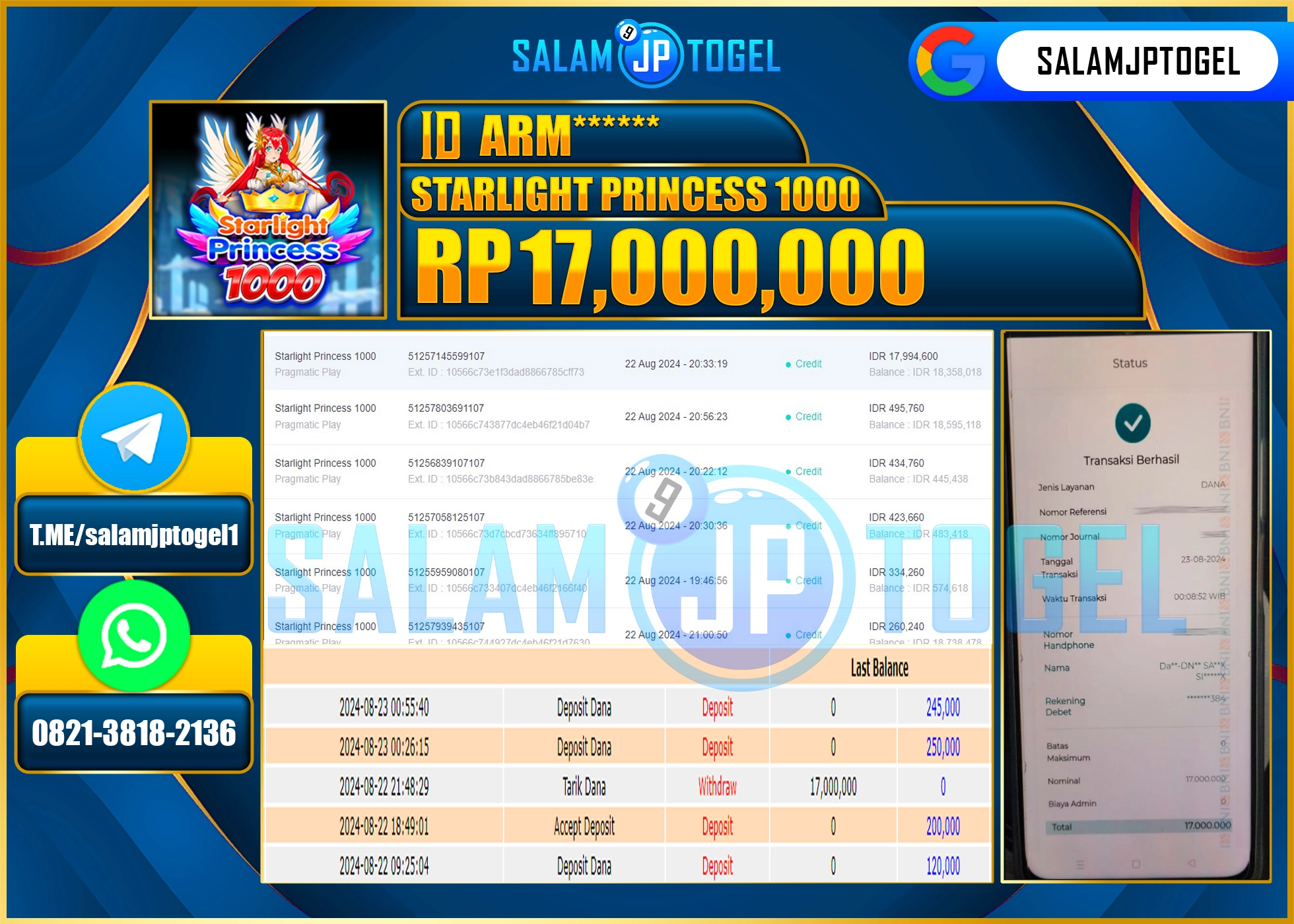 SALAMJPTOGEL MENANG SLOT STARLIGHT PRINCCES 1000 RP. 17,000,000 LUNAS