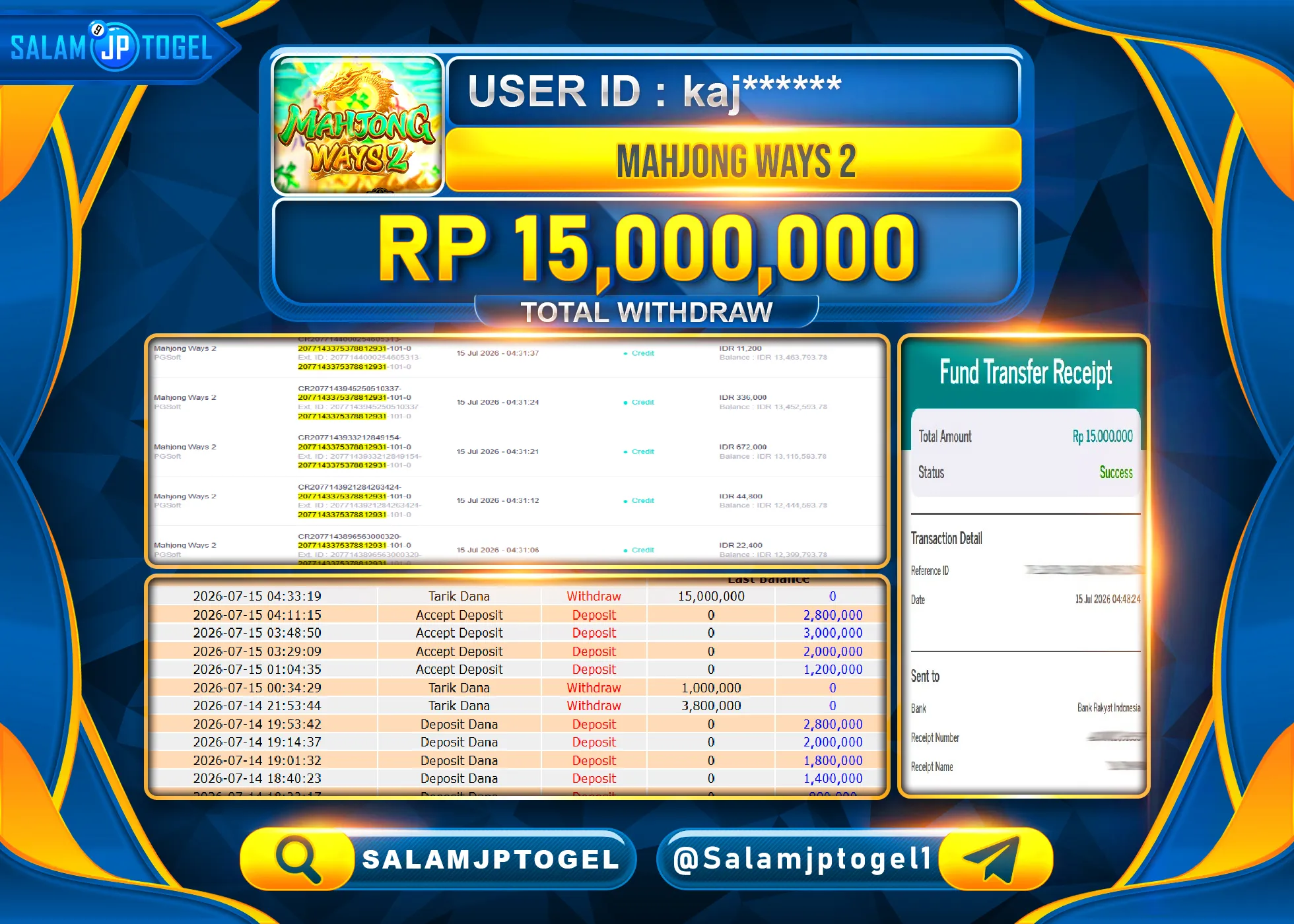 SALAMJPTOGEL JACKPOT MENANG SLOT GACOR MAHJONG WAYS 2 PG SOFT Rp.15,000,000 - LUNAS
