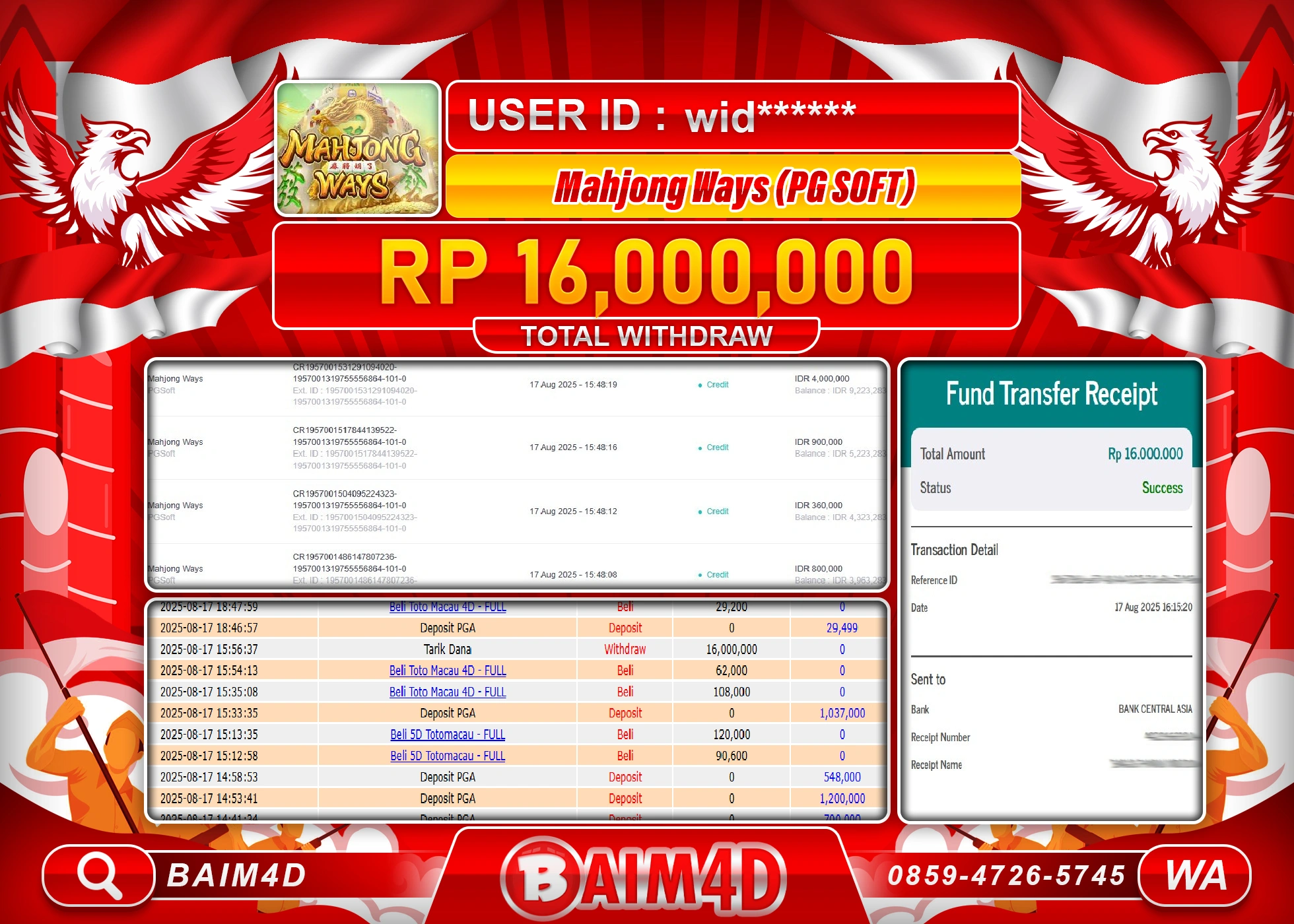 BAIM4D JACKPOT SLOT MAHYONG WAYS PG SOFT Rp.16,000,000.- LUNAS