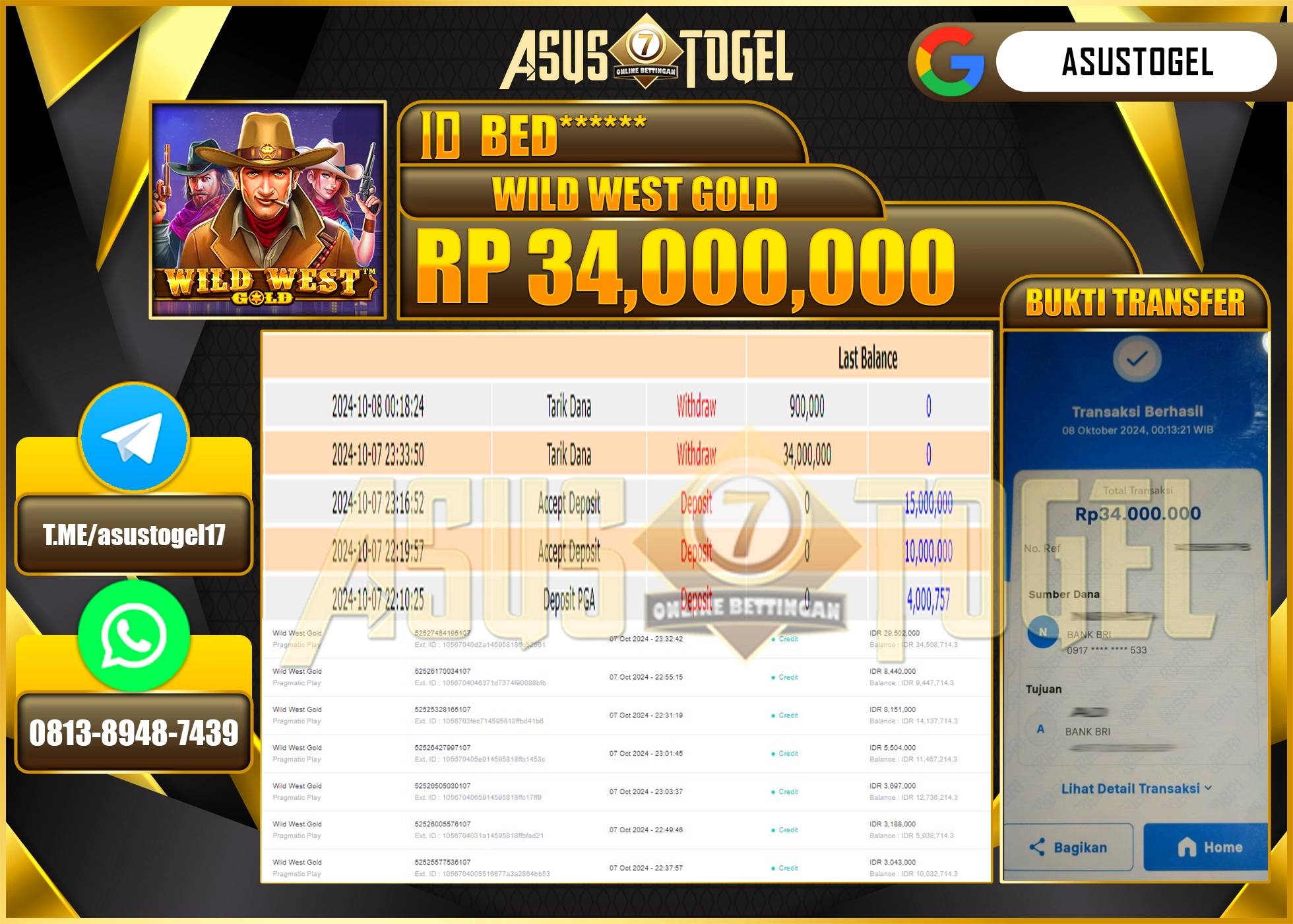 ASUSTOGEL KEMENANGAN  DI GAMES   MENANG   WILD WEST GOLD    SEBESAR 34,000,000- RUPIAH LUNAS