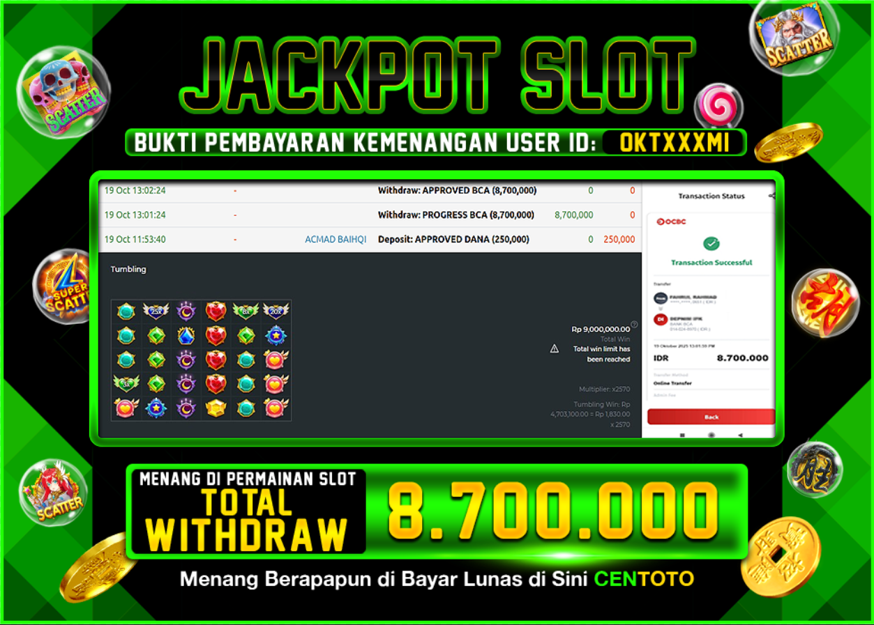 BUKTI JACKPOT SLOT CENTOTO RP.8.700.000,-LUNAS