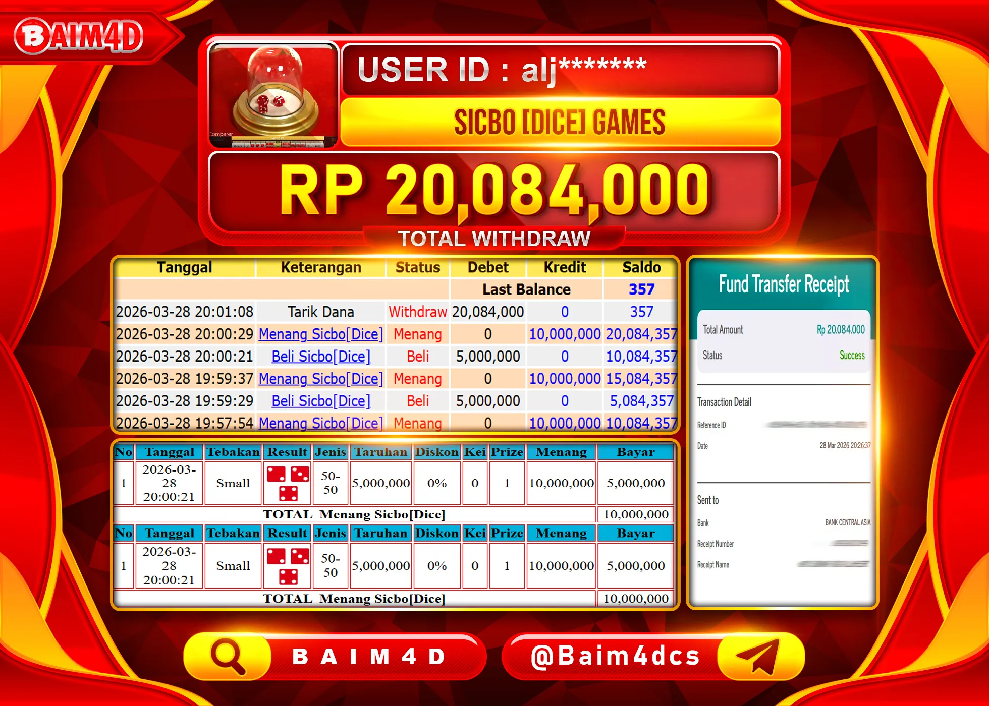 BAIM4D JACKPOT SICBO DICE Rp.20,084,000 - LUNAS