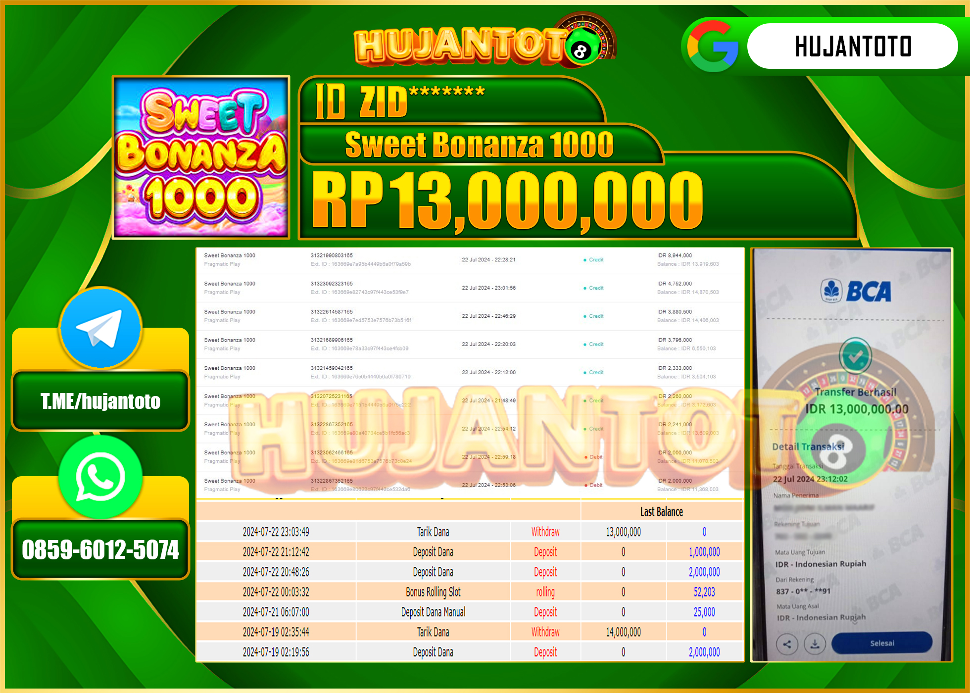 HUJANTOTO MENANG PERMAINAN Sweet Bonanza 1000 (Pragmatic Play) 13.000.000 - LUNAS 
