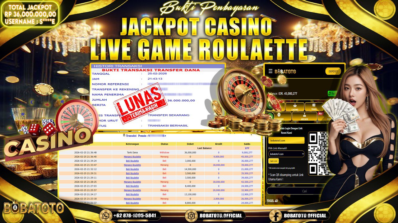 BOBATOTO JACKPOT CASINO LIVE GAME ROULATTE Rp.36,000,000,- LUNAS!!