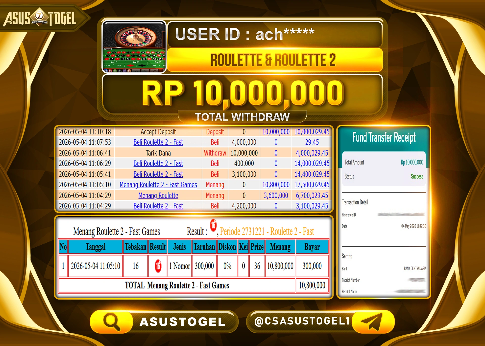 ASUSTOGEL KEMENANGAN JACKPOT DI PERMAINAN ROULETTE  GAMES SEBESAR Rp.10,000,000 - RUPIAH LUNAS