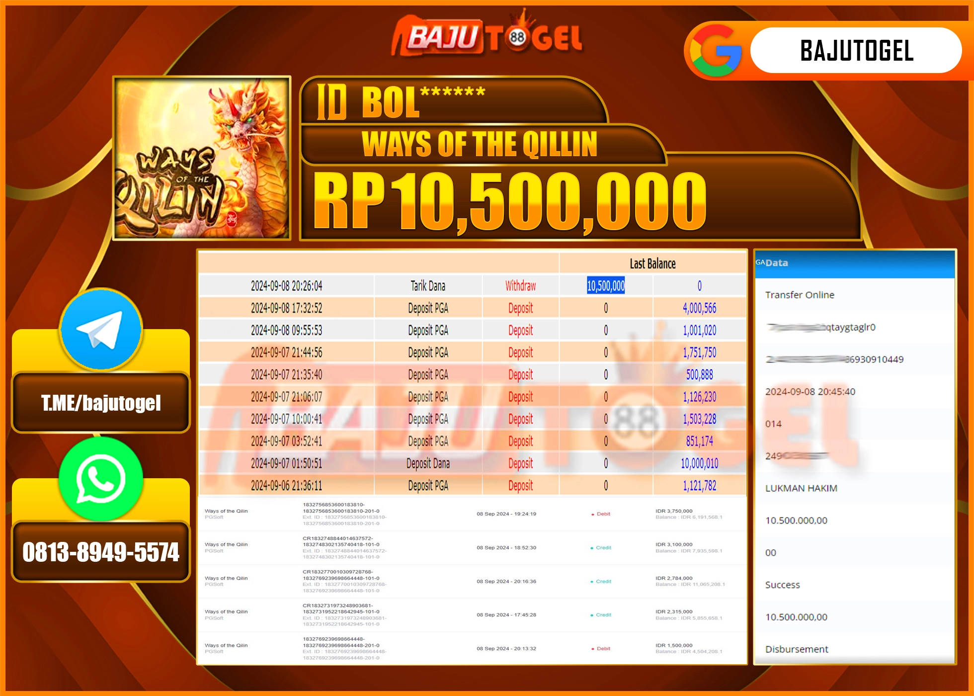 BAJUTOGEL KEMENANGAN SLOT GAMES WAYS OF THE QILLIN Rp10.500.000 LUNAS