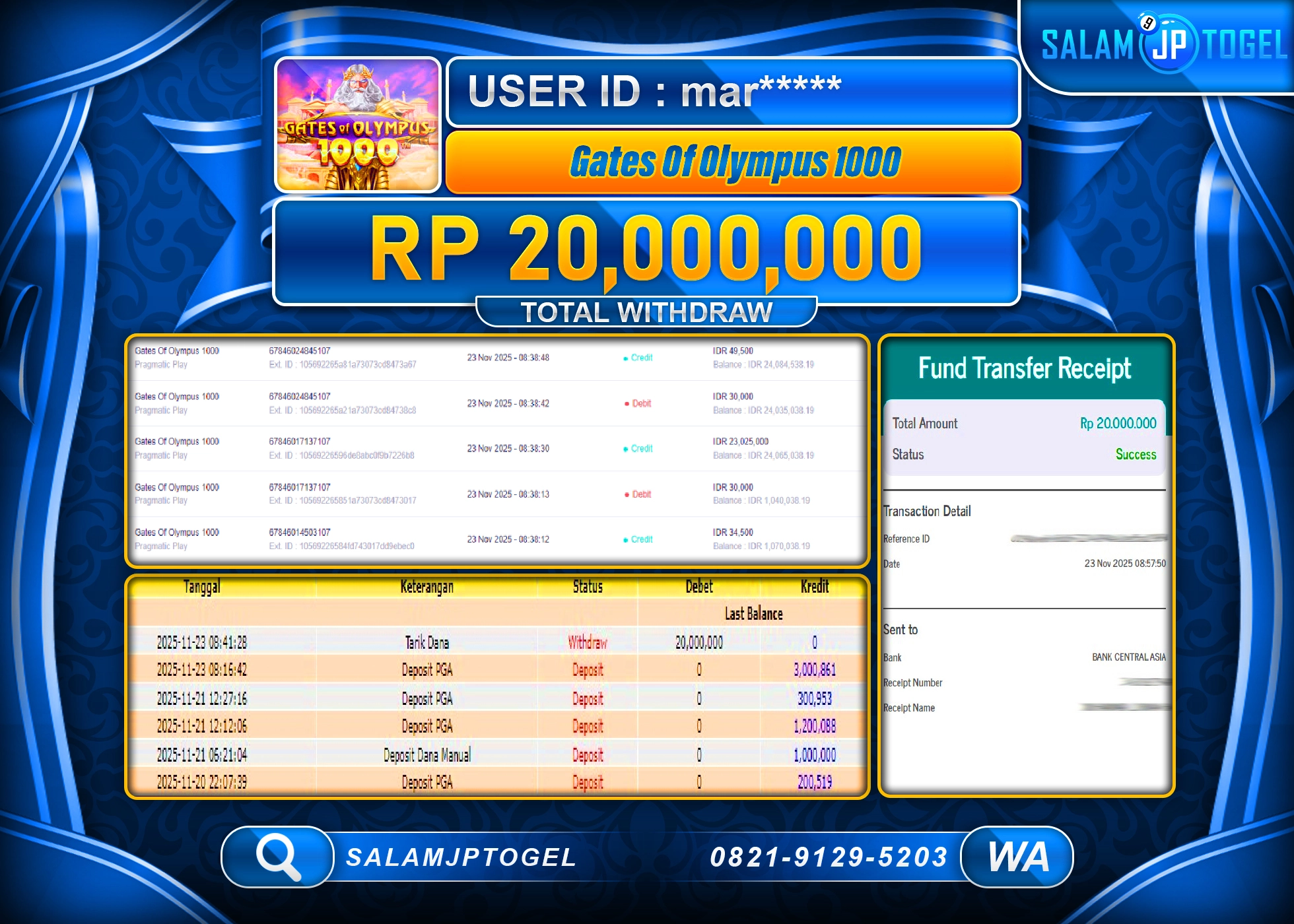 SALAMJPTOGEL MENANG GATES OF OLYMPUS 1000  Rp.20,000,000  - LUNAS