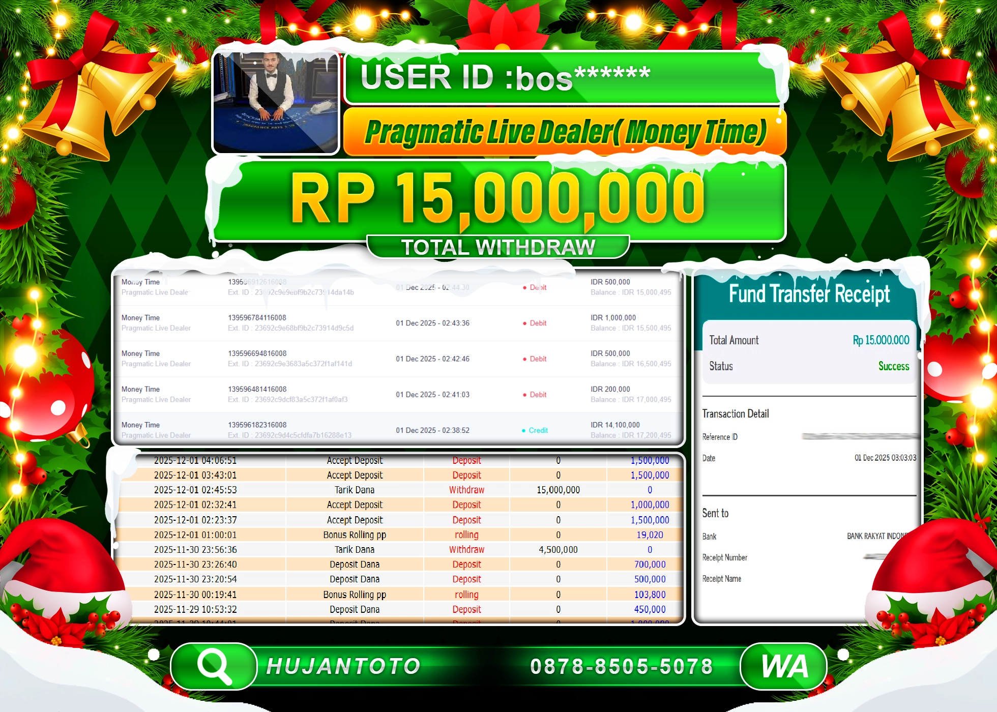 HUJANTOTO - BUKTI JACKPOT MENANG PRAGMATIC LIVE DEALER (MONEY TIME) Rp.15,000,000 - TERBAYAR LUNAS